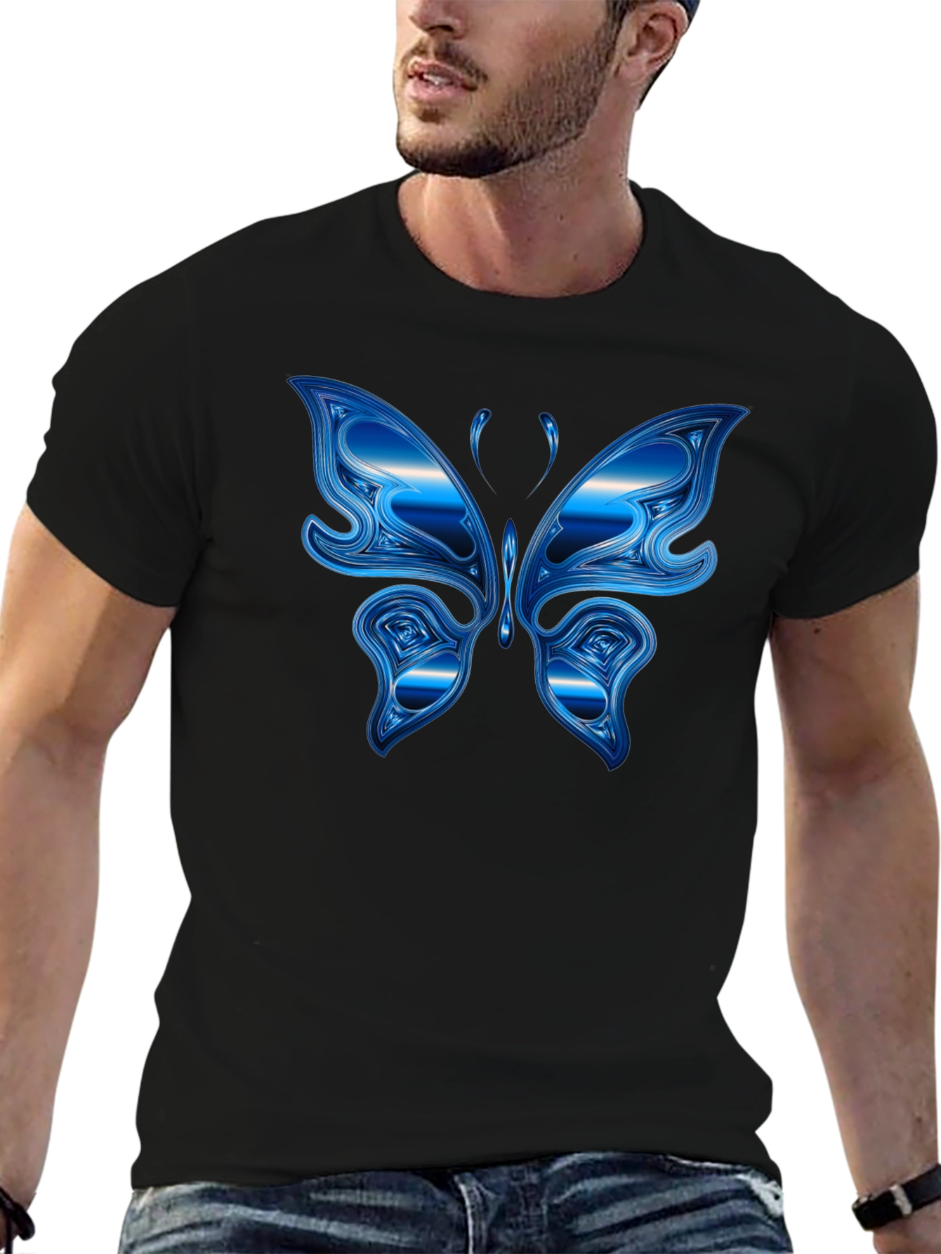 Blue Butterfly Graphic Black T-Shirt