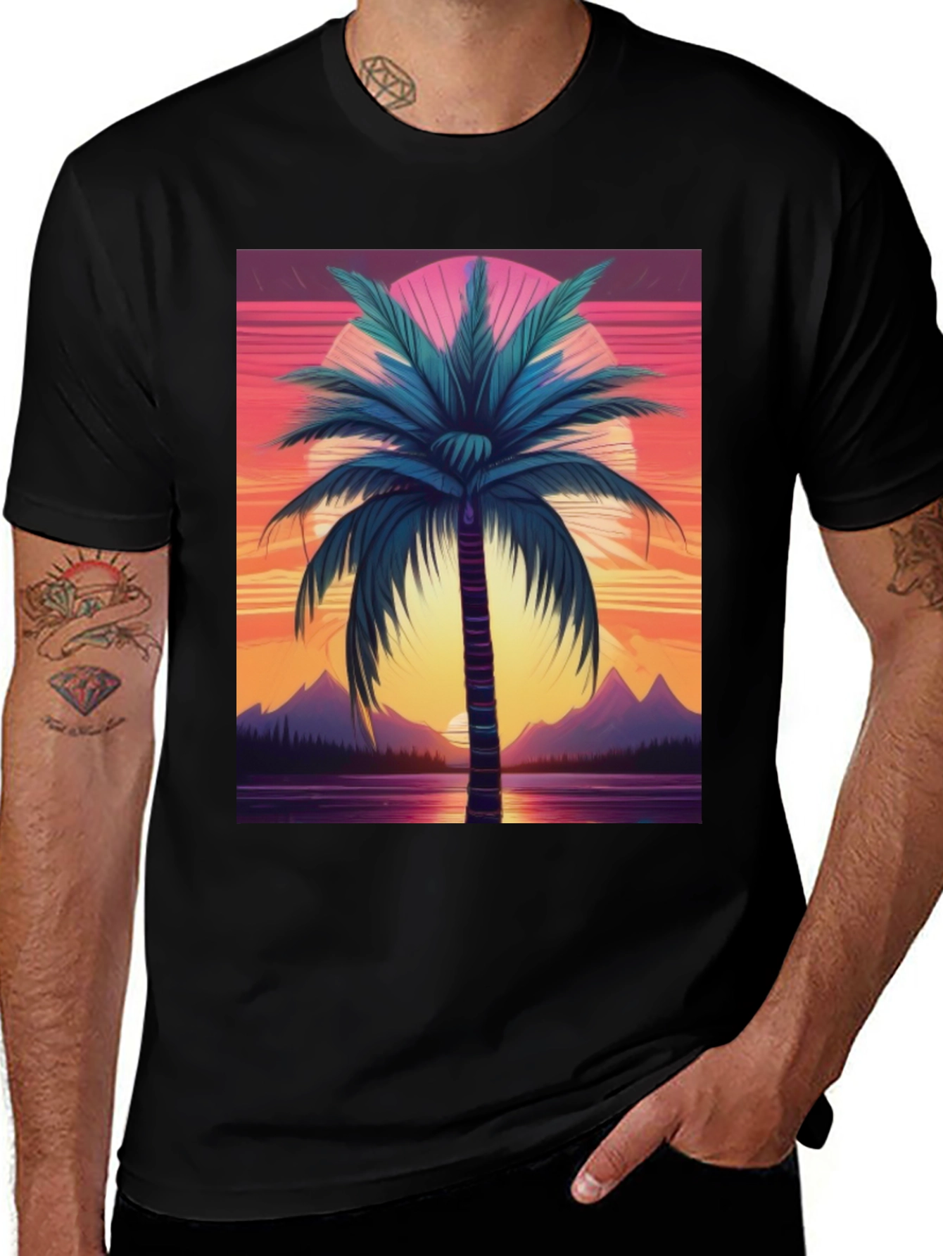 Retro Palm Sunset Graphic Tee - Black