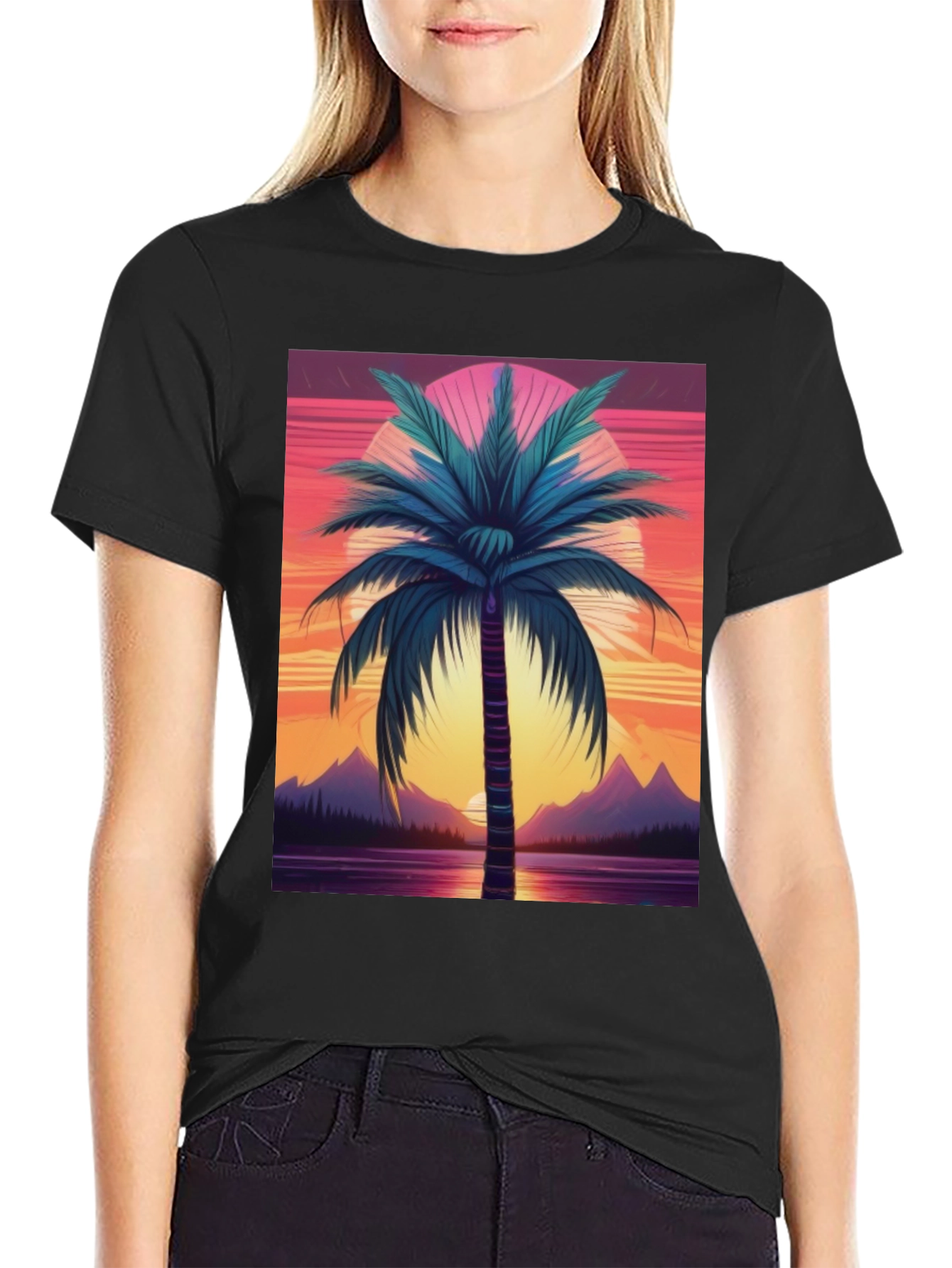 Retro Palm Sunset Graphic Tee - Black