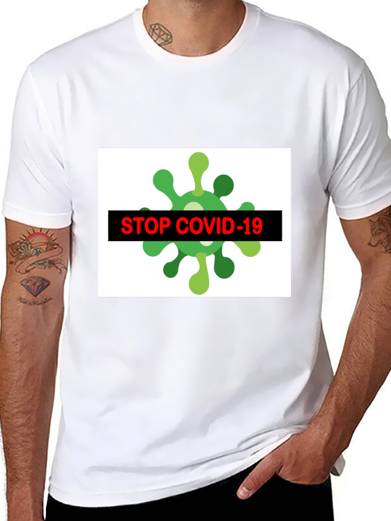 Stop Covid-19 Graphic Tee - Black Crew Neck T-Shirt