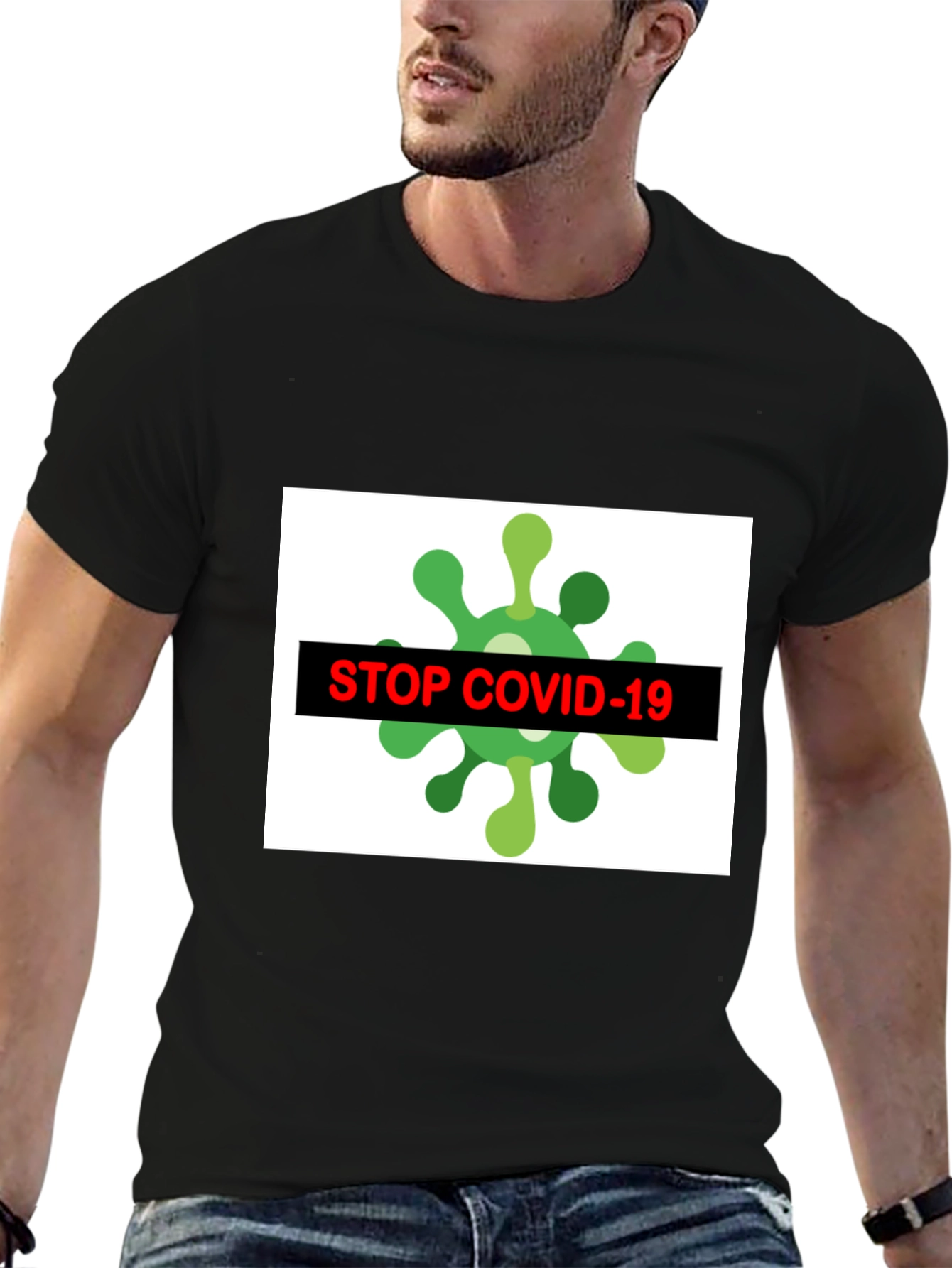 Stop Covid-19 Graphic Tee - Black Crew Neck T-Shirt