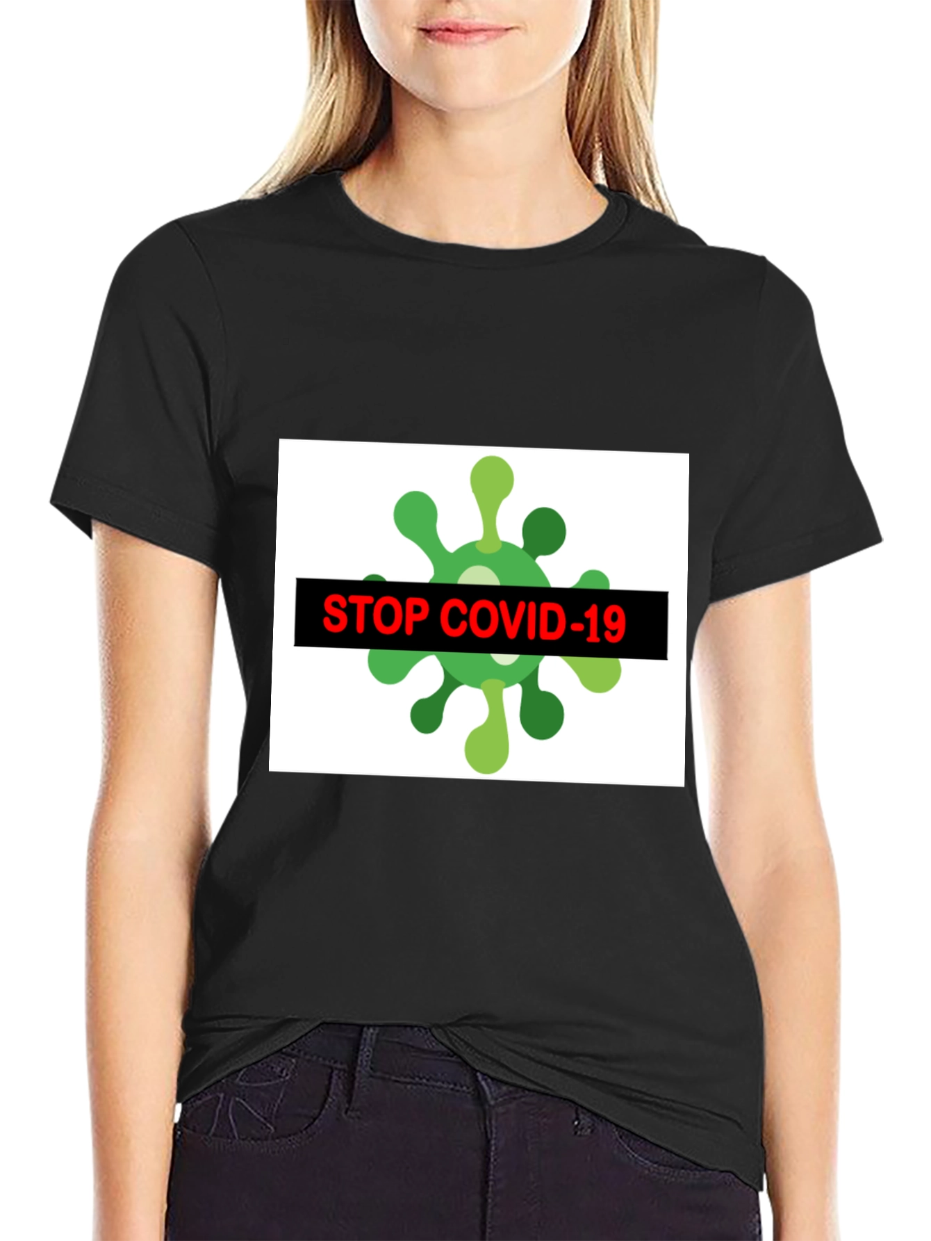 Stop Covid-19 Graphic Tee - Black Crew Neck T-Shirt