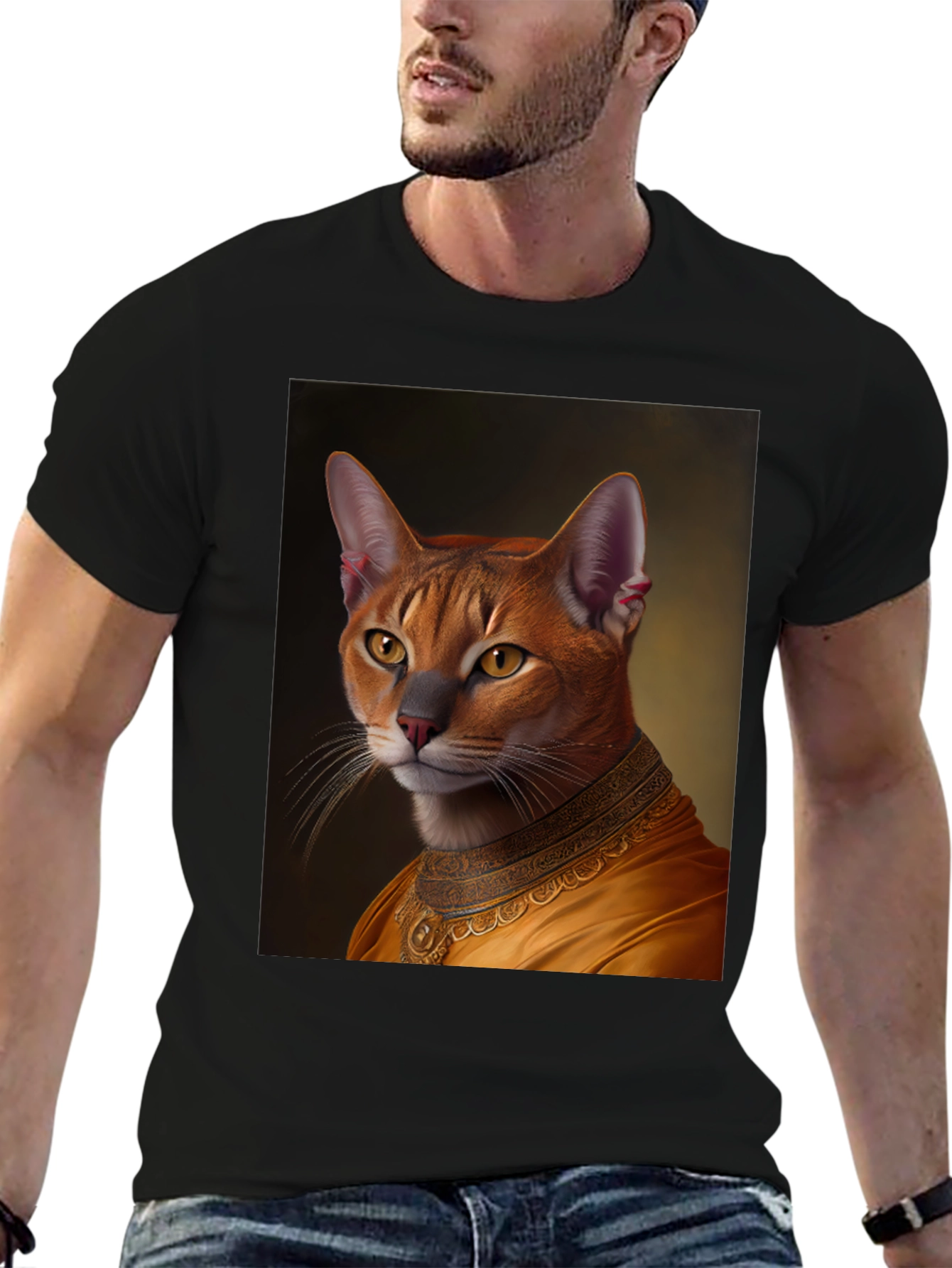 Regal Cat Portrait Graphic Tee - Black