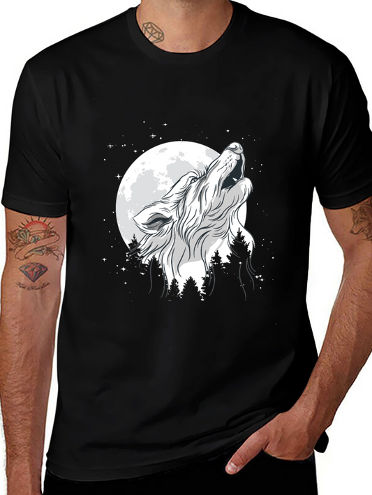 Wolf Howling at Moon T-Shirt - Black Cotton Tee