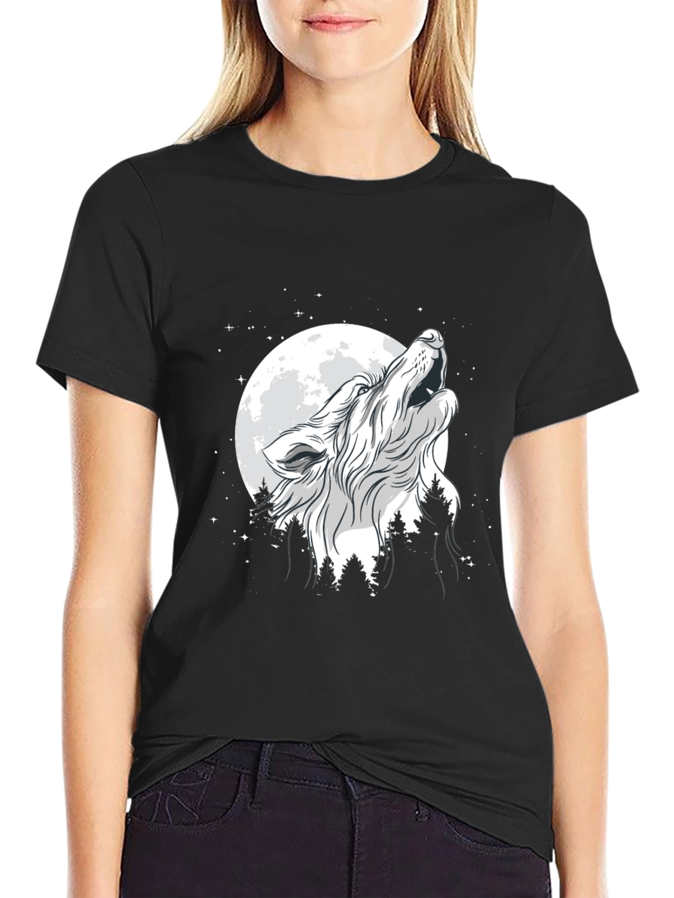 Wolf Howling at Moon T-Shirt - Black Cotton Tee