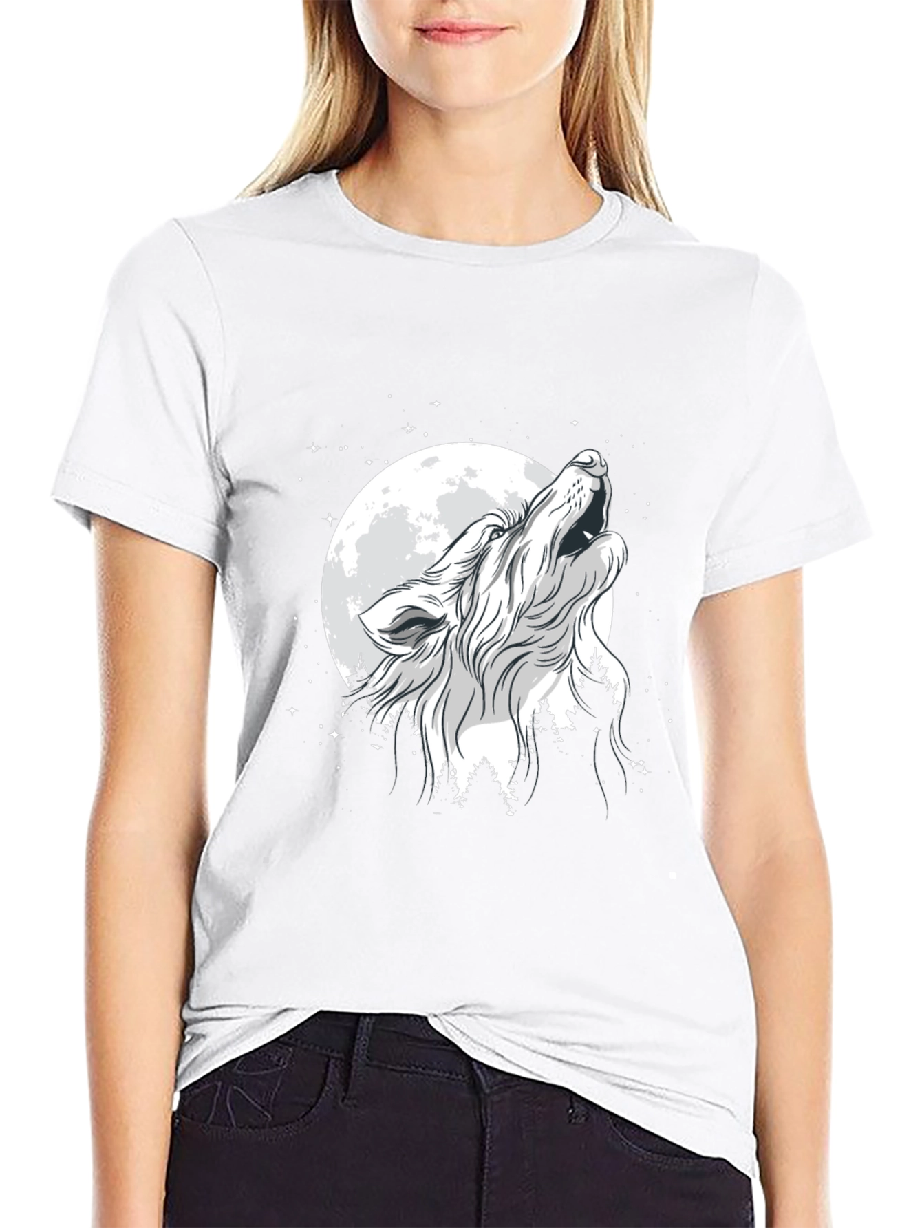 Wolf Howling at Moon T-Shirt - Black Cotton Tee