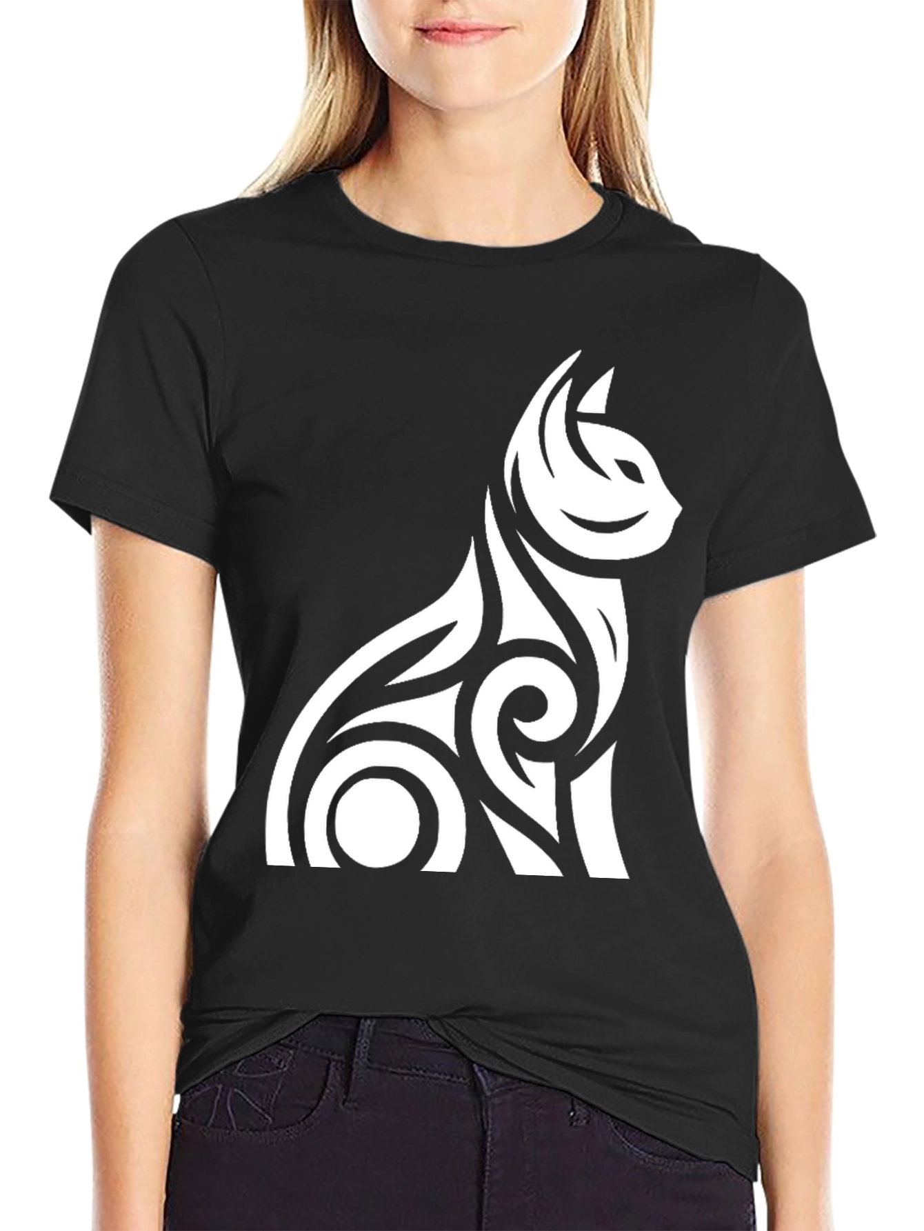 Tribal Cat Graphic Tee - Black