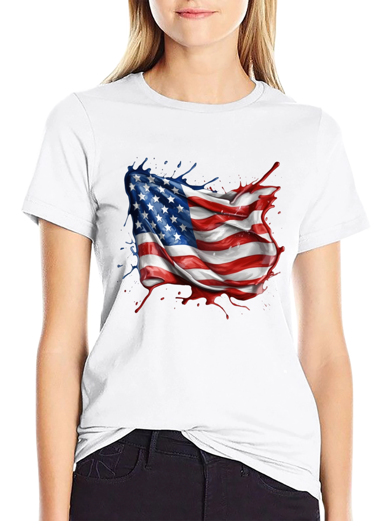 American Flag Splatter Print Black T-Shirt