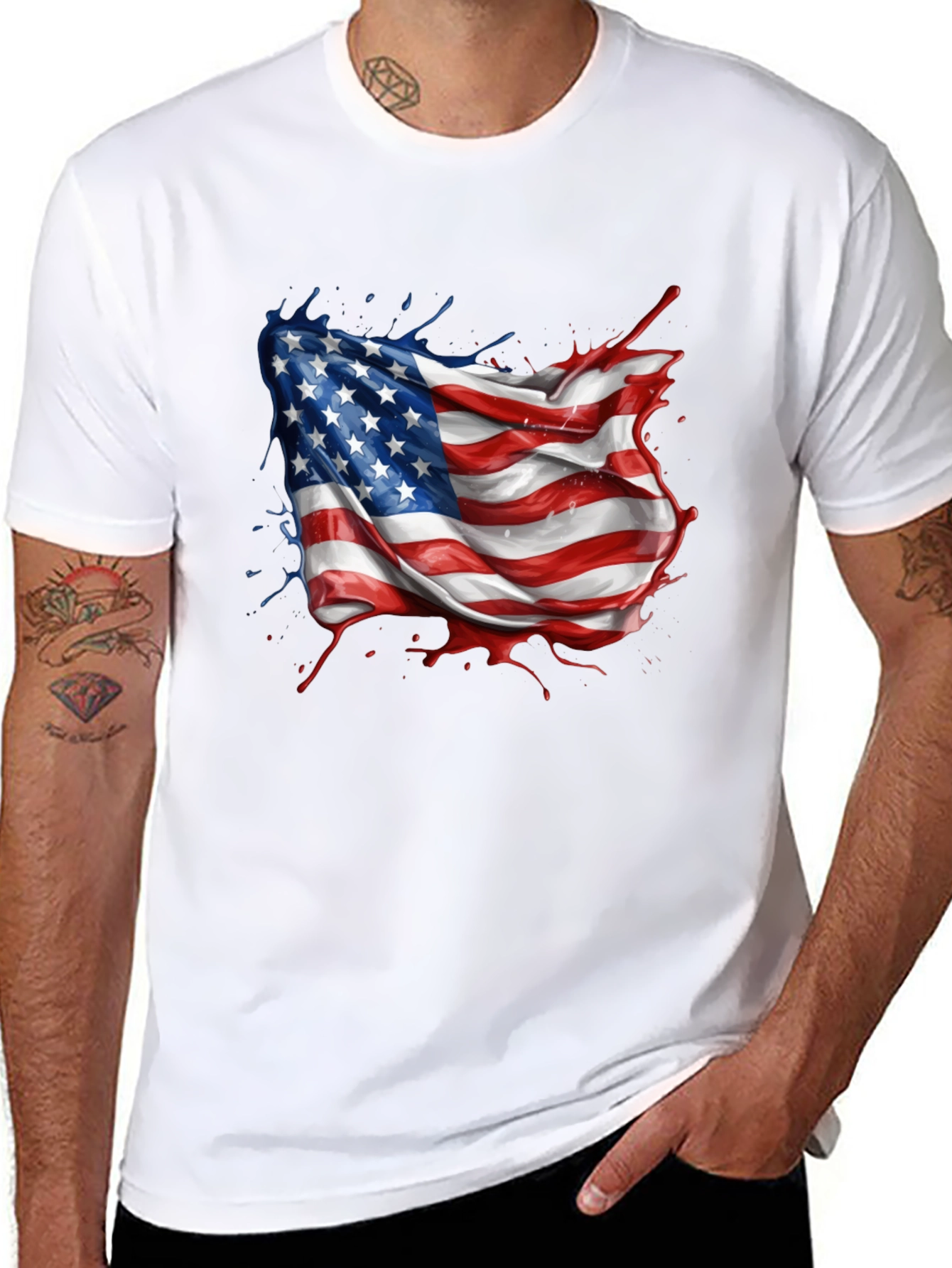 American Flag Splatter Print Black T-Shirt