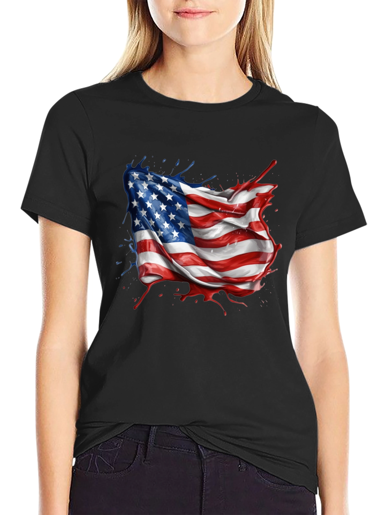 American Flag Splatter Print Black T-Shirt