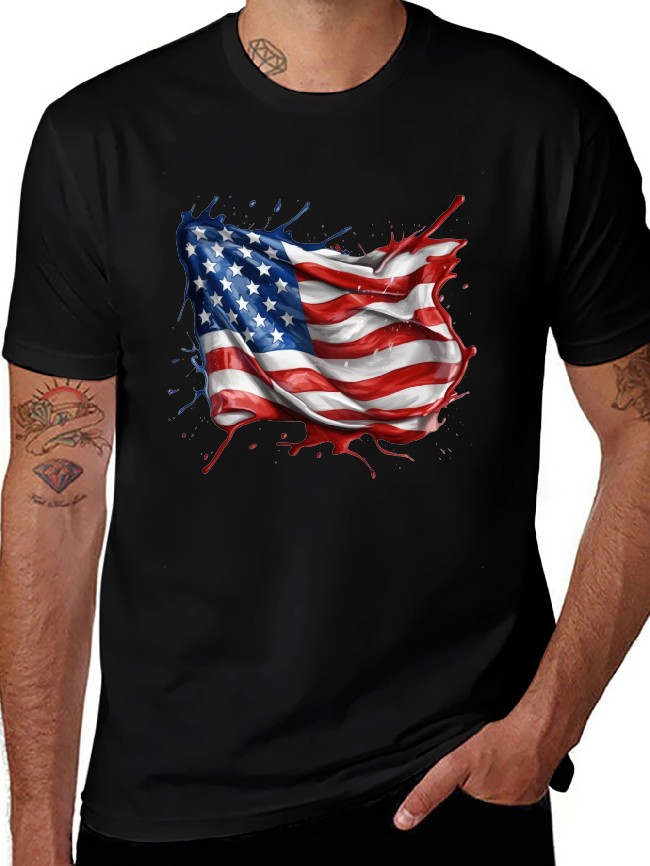 American Flag Splatter Print Black T-Shirt