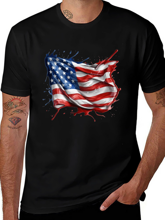 American Flag Splatter Print Black T-Shirt