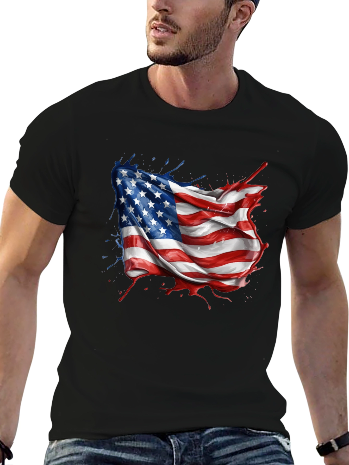American Flag Splatter Print Black T-Shirt
