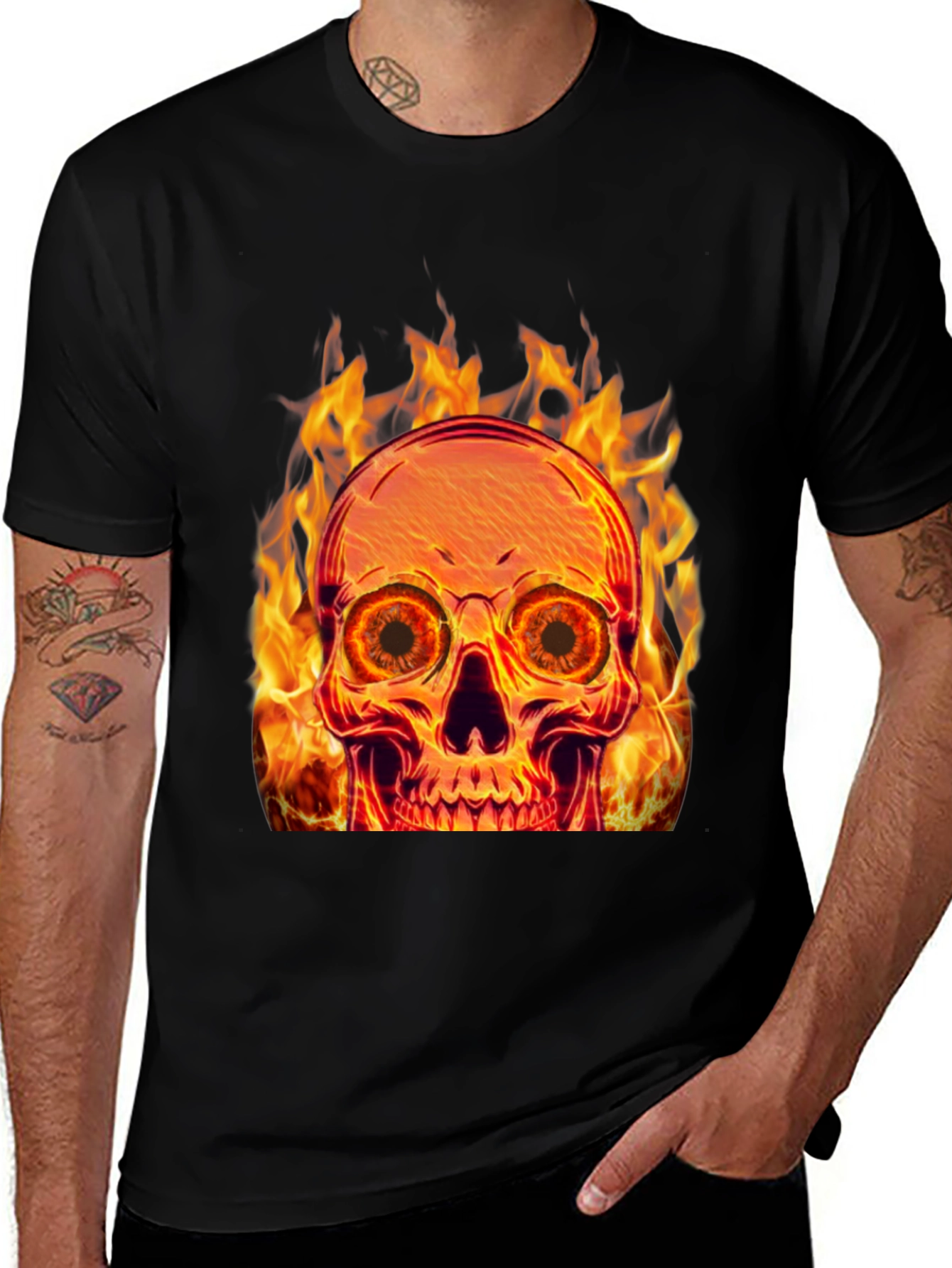 Flaming Skull Graphic Tee - Black Cotton Blend