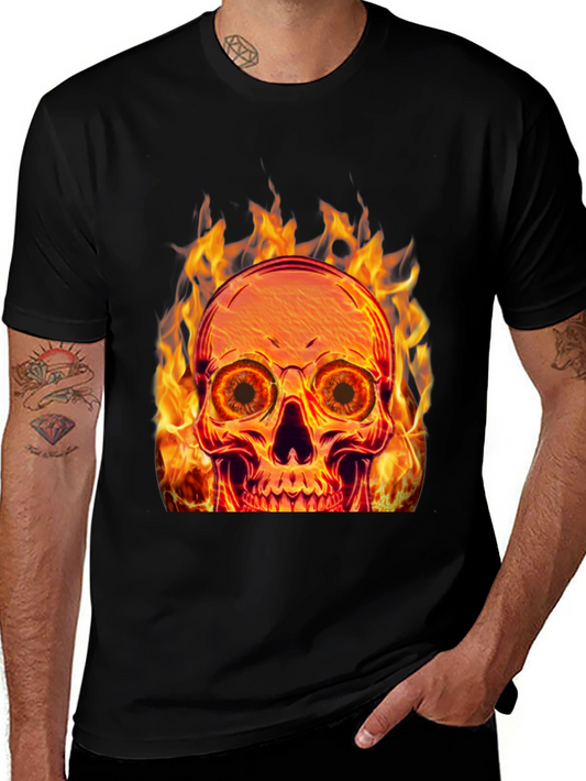 Flaming Skull Graphic Tee - Black Cotton Blend