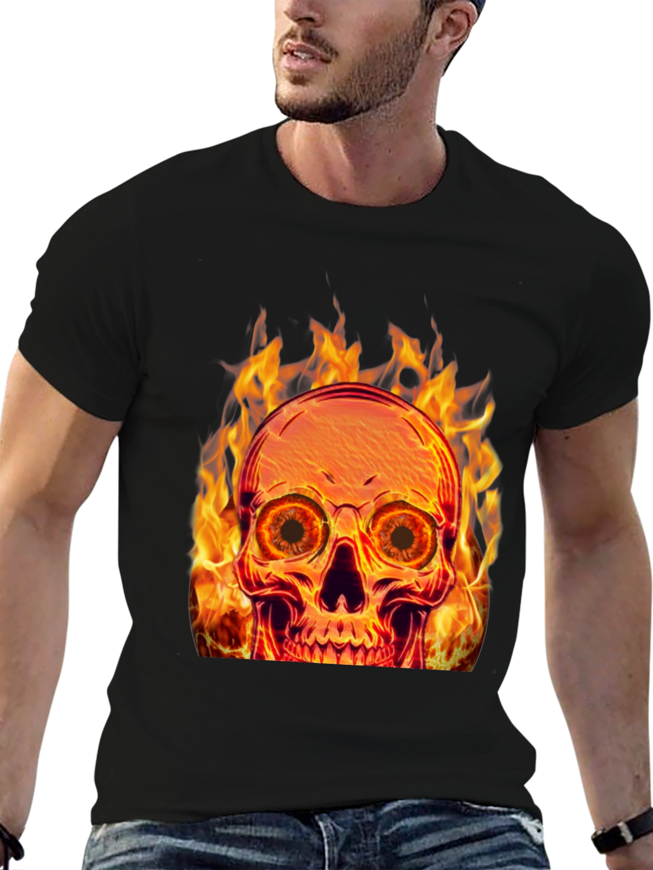 Flaming Skull Graphic Tee - Black Cotton Blend