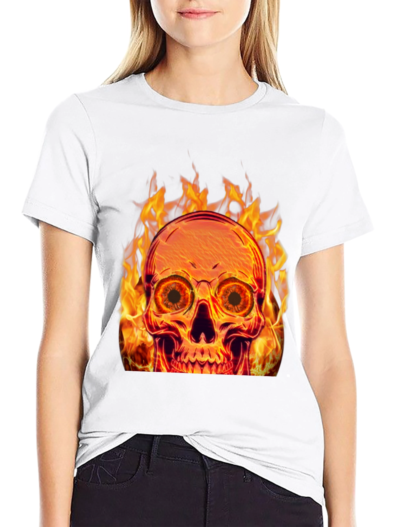Flaming Skull Graphic Tee - Black Cotton Blend