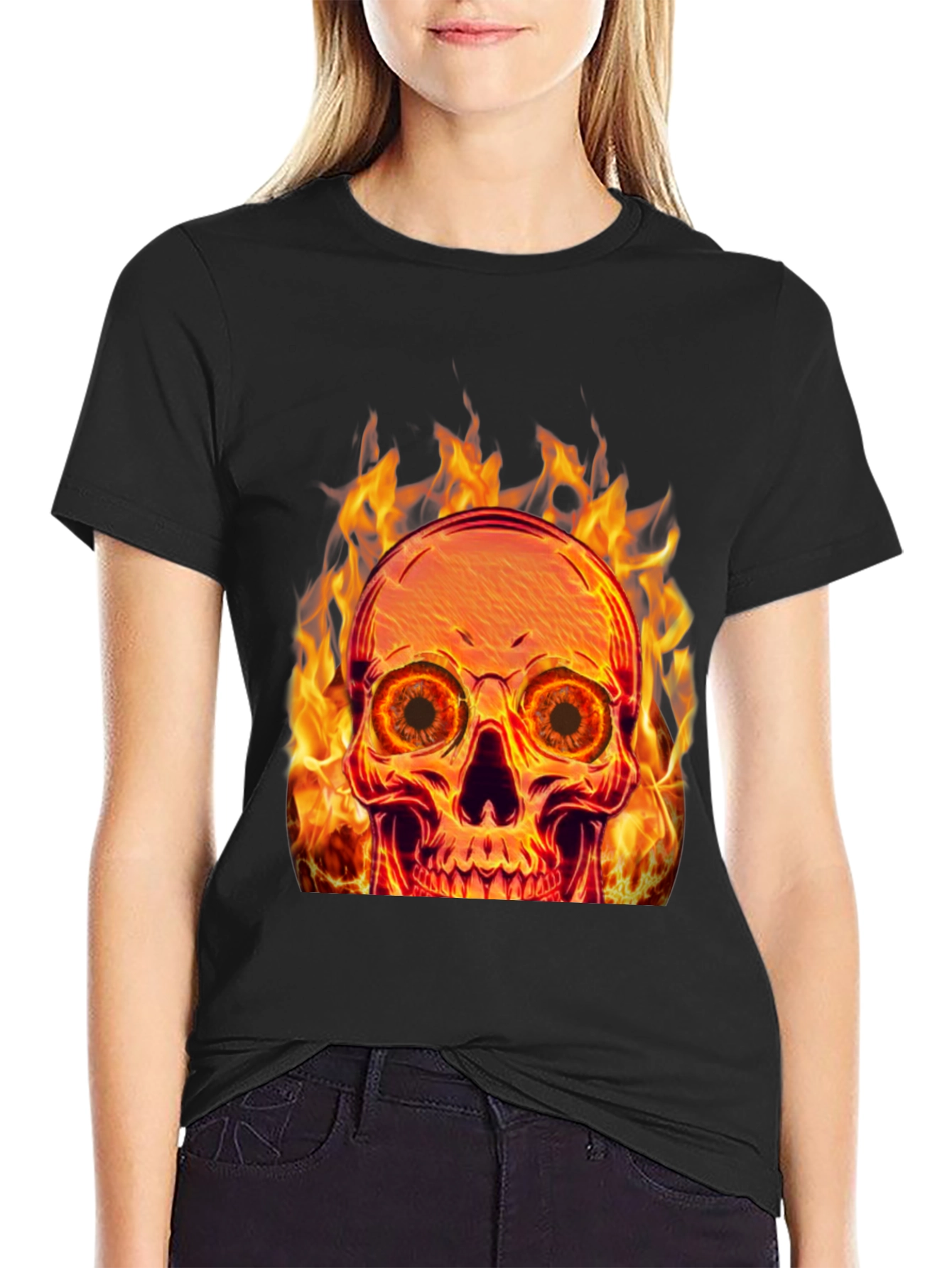 Flaming Skull Graphic Tee - Black Cotton Blend