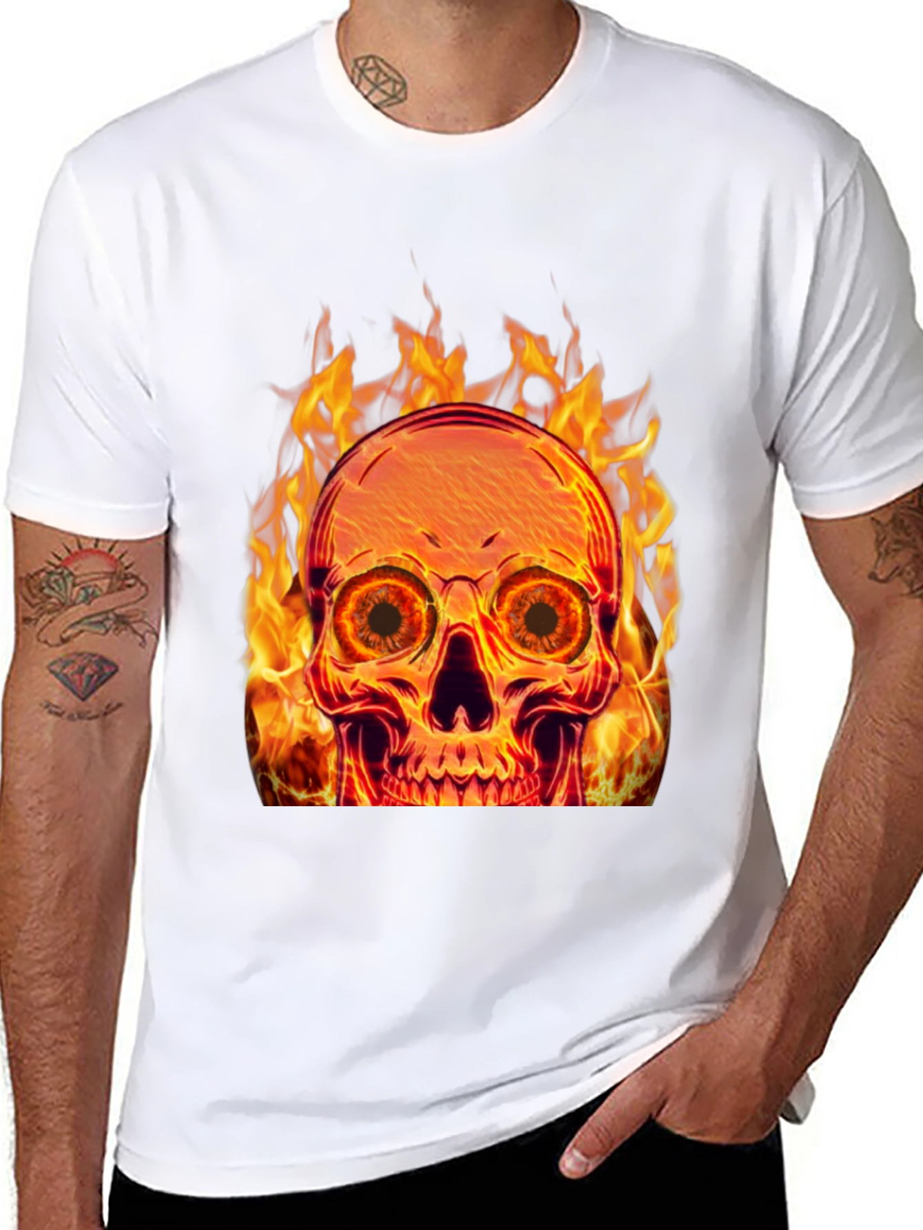 Flaming Skull Graphic Tee - Black Cotton Blend