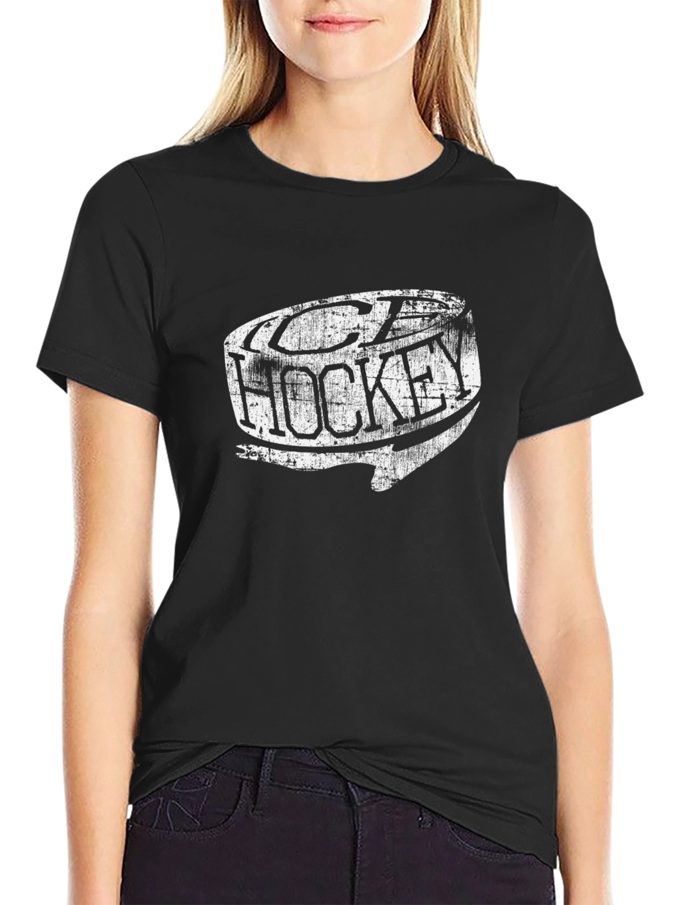 Distressed Ice Hockey Graphic Tee - Black
