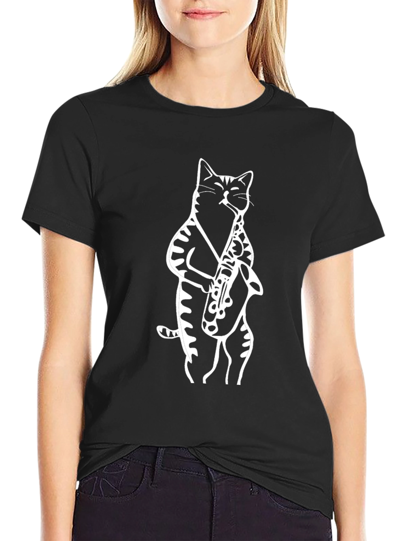 Cool Cat Saxophone Player Graphic Tee - Black