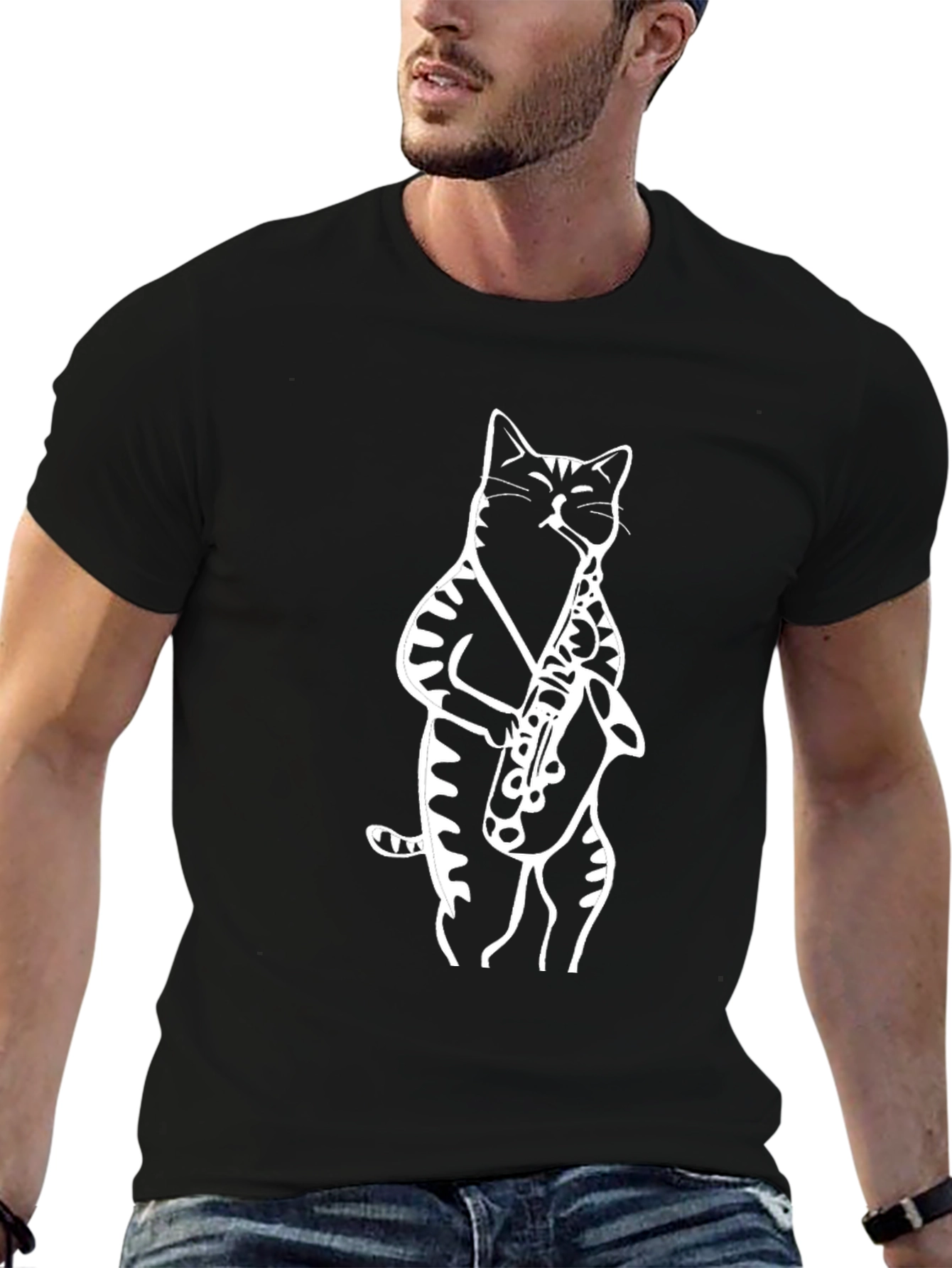 Cool Cat Saxophone Player Graphic Tee - Black