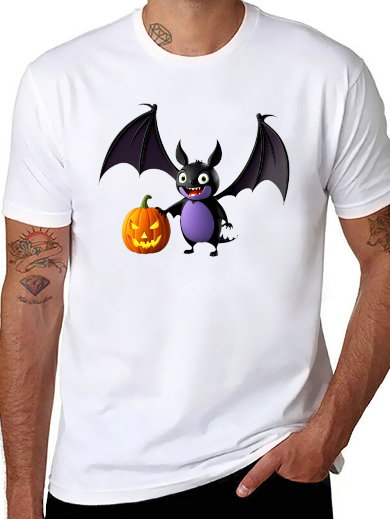 Halloween Bat & Pumpkin Black T-Shirt