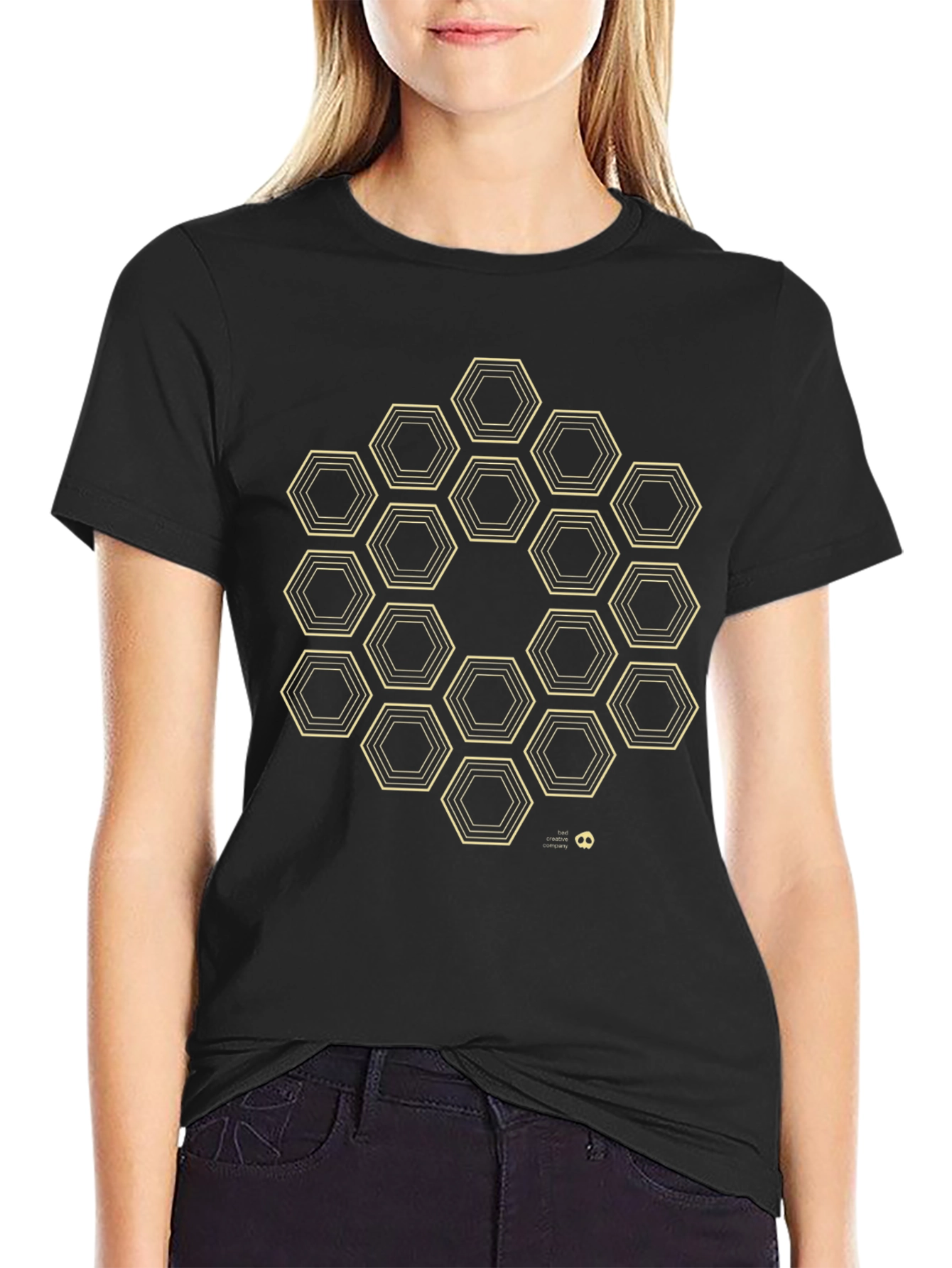 Geometric Hexagon Pattern T-Shirt - Black