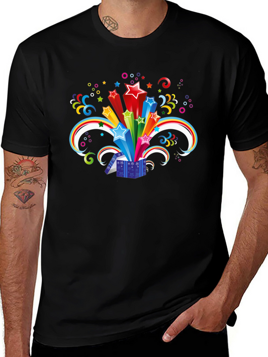 Black T-Shirt with Exploding Star Gift Box Design