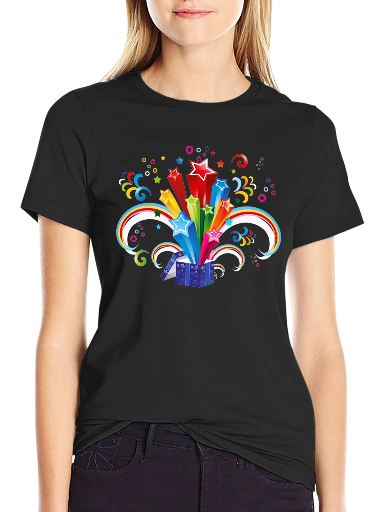 Black T-Shirt with Exploding Star Gift Box Design