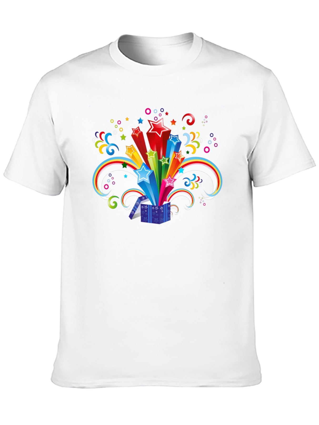 Black T-Shirt with Exploding Star Gift Box Design