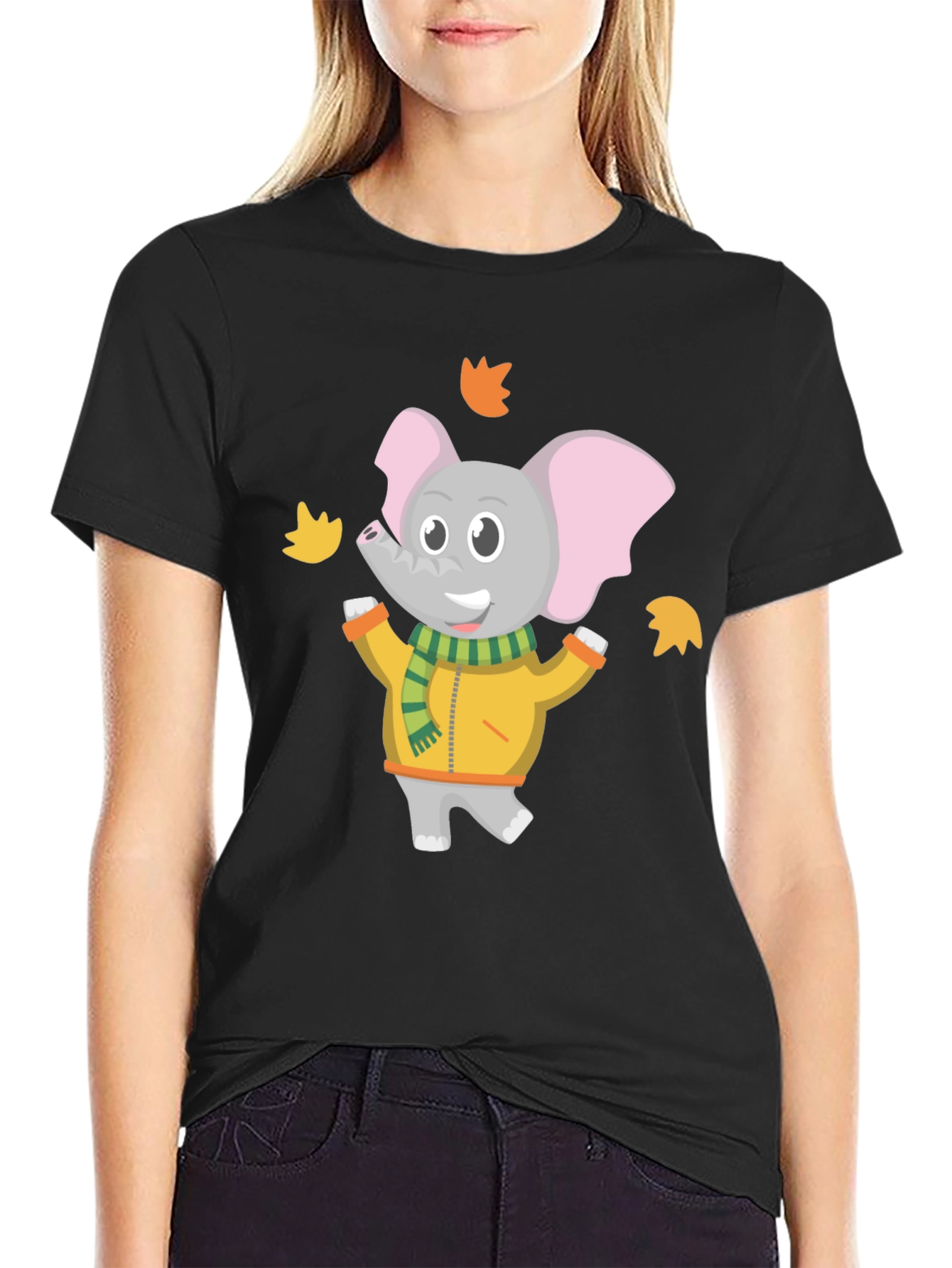 Cute Elephant Fall Leaves Graphic T-Shirt