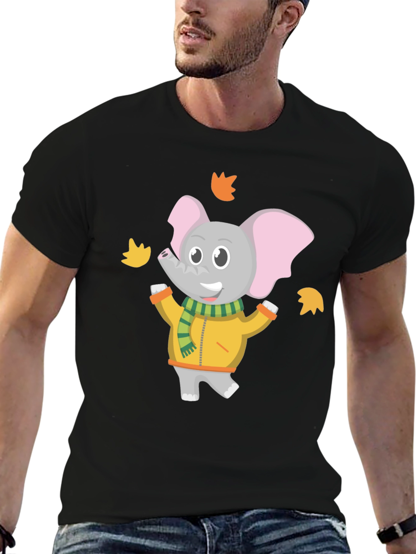 Cute Elephant Fall Leaves Graphic T-Shirt