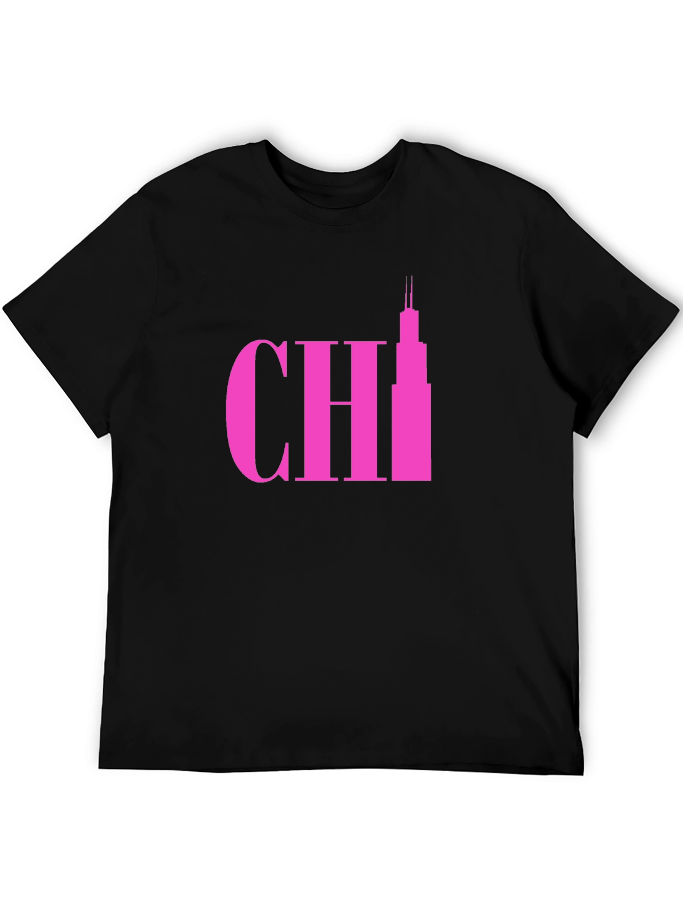 Pink Chicago Skyline Graphic Tee - Black Cotton T-Shirt