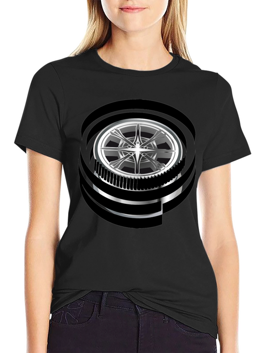 Modern Graphic Wheel Design Black T-Shirt