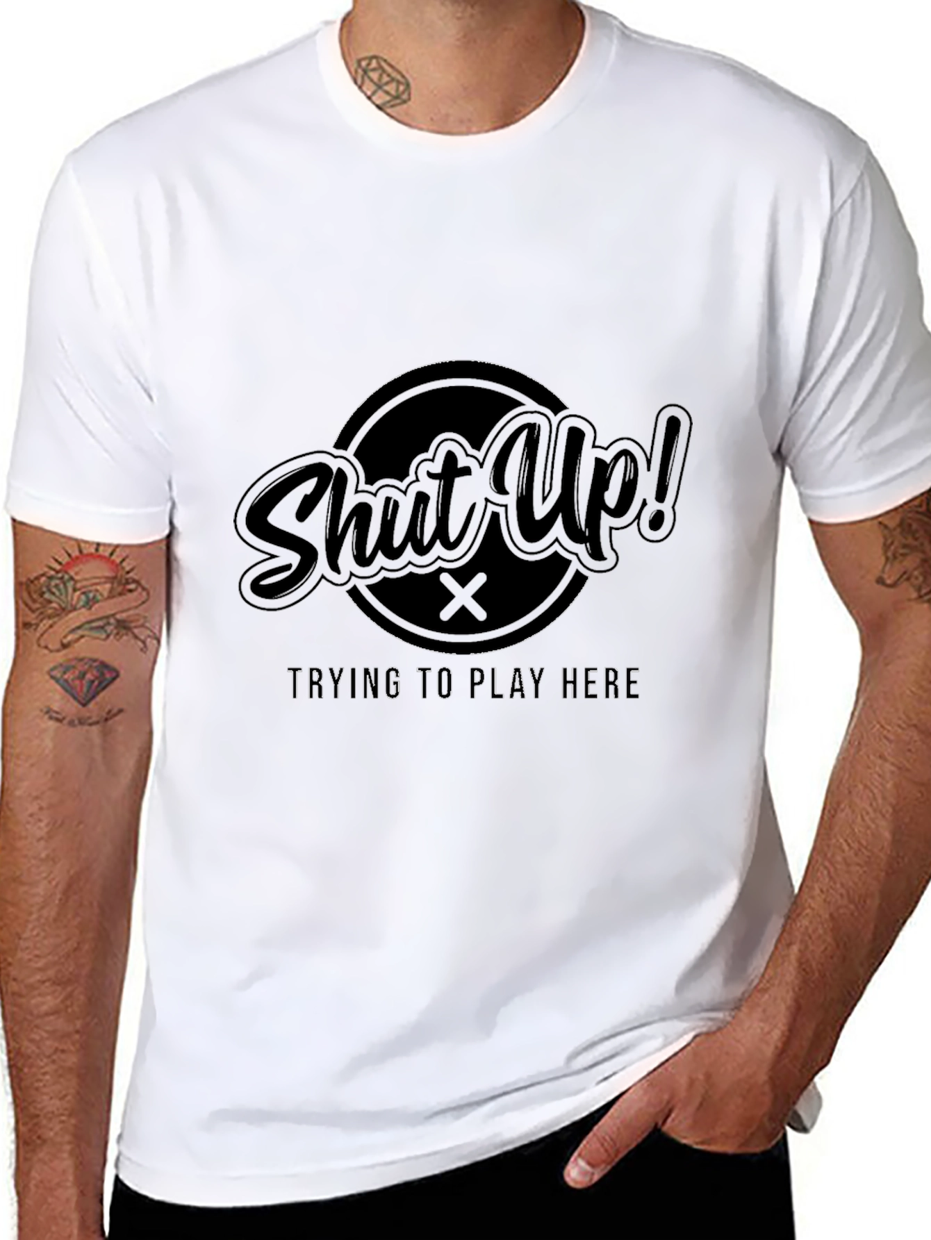 Shut Up! Playing Here Black Graphic Tee