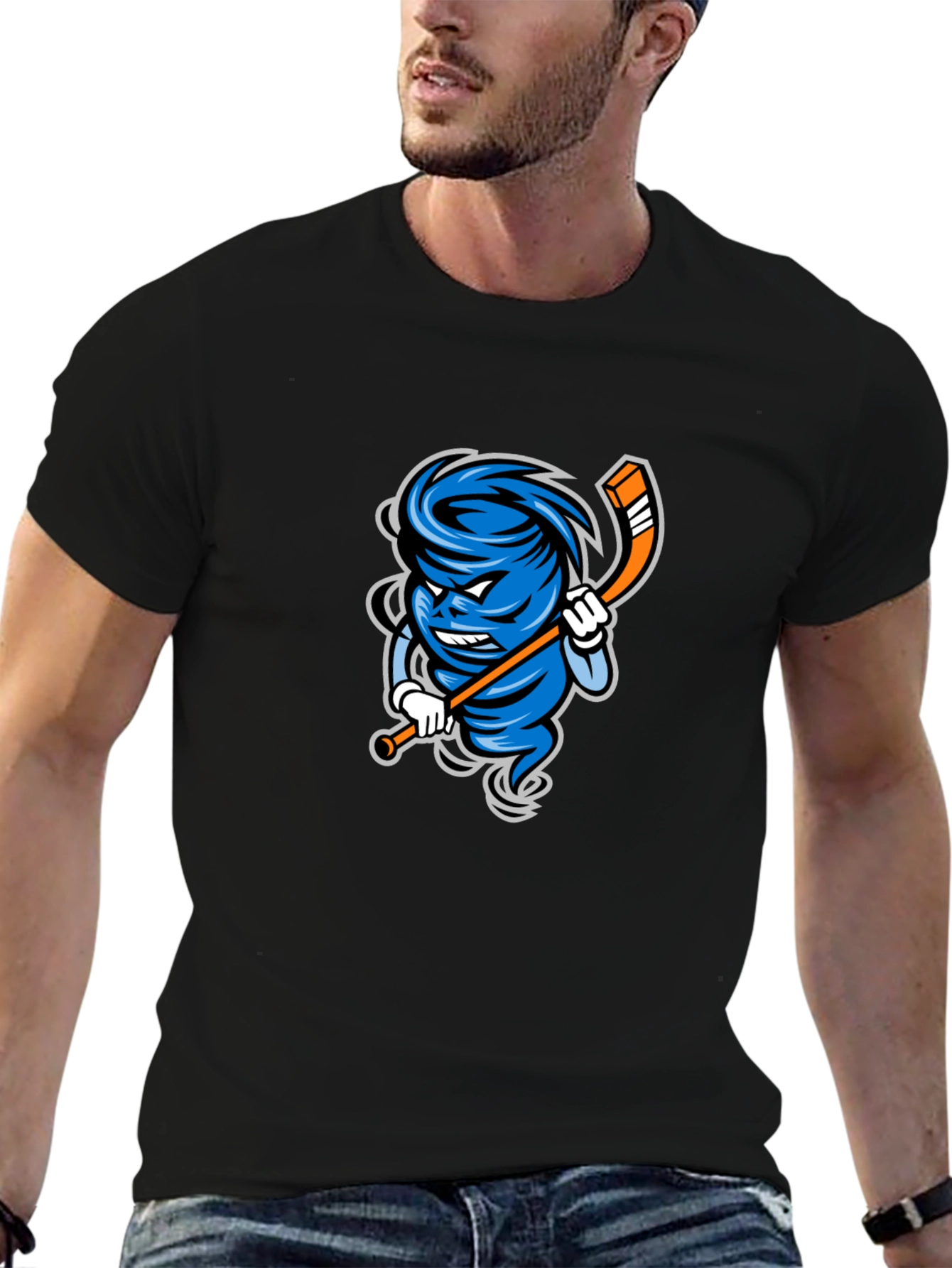 Mens Black Cartoon Hurricane Hockey T-Shirt