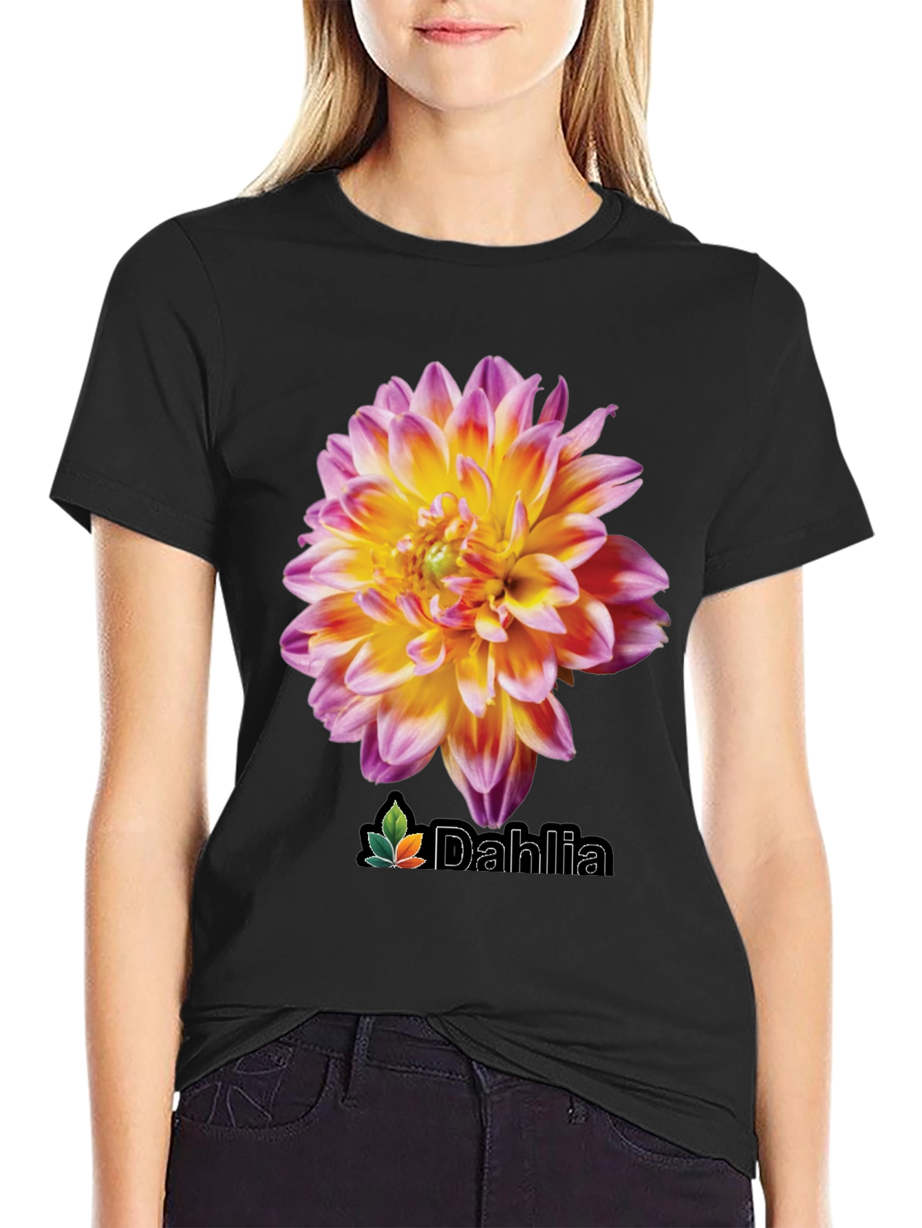 Dahlia Flower Graphic Black T-Shirt