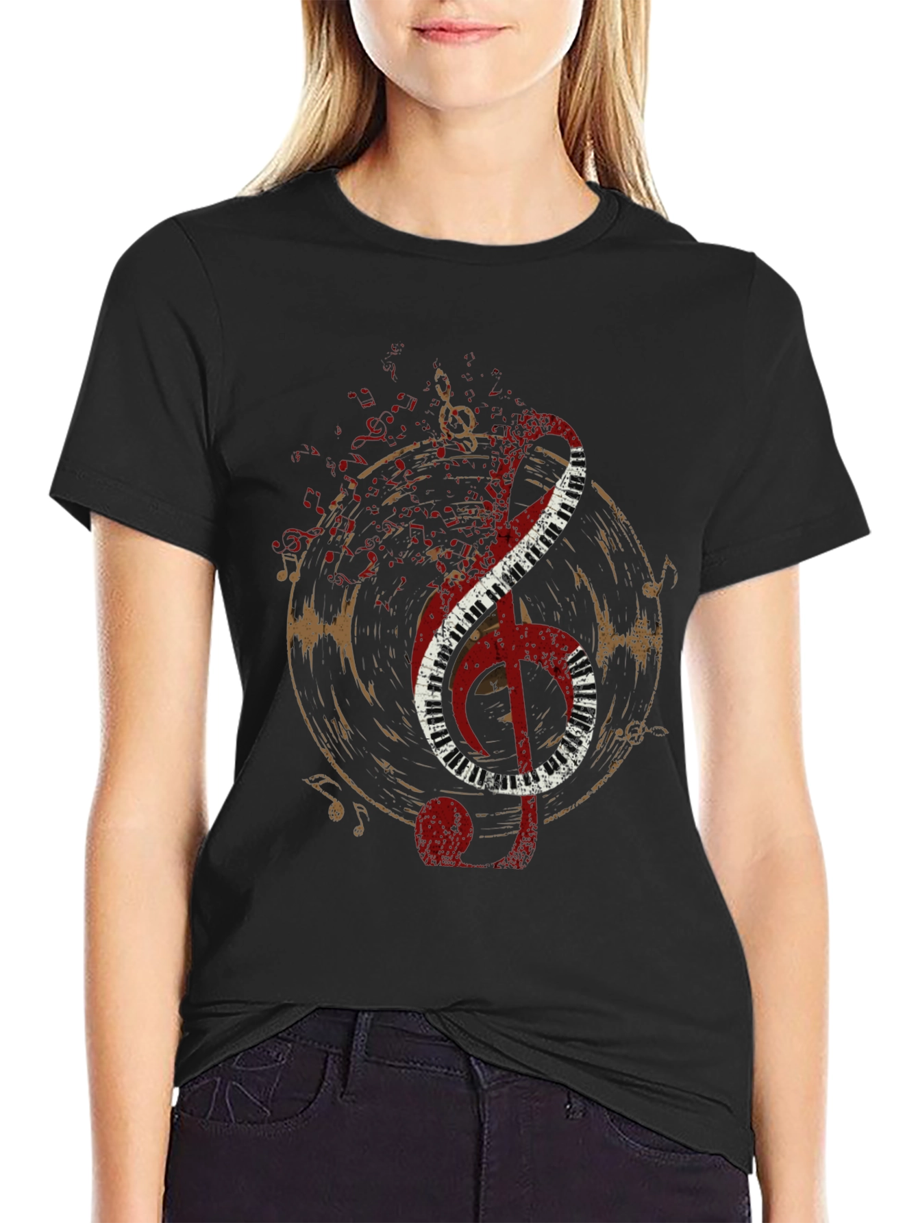 Musical Note T-Shirt - Black Tee with Piano Design