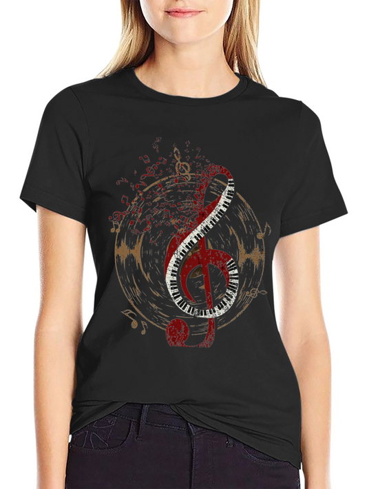 Musical Note T-Shirt - Black Tee with Piano Design