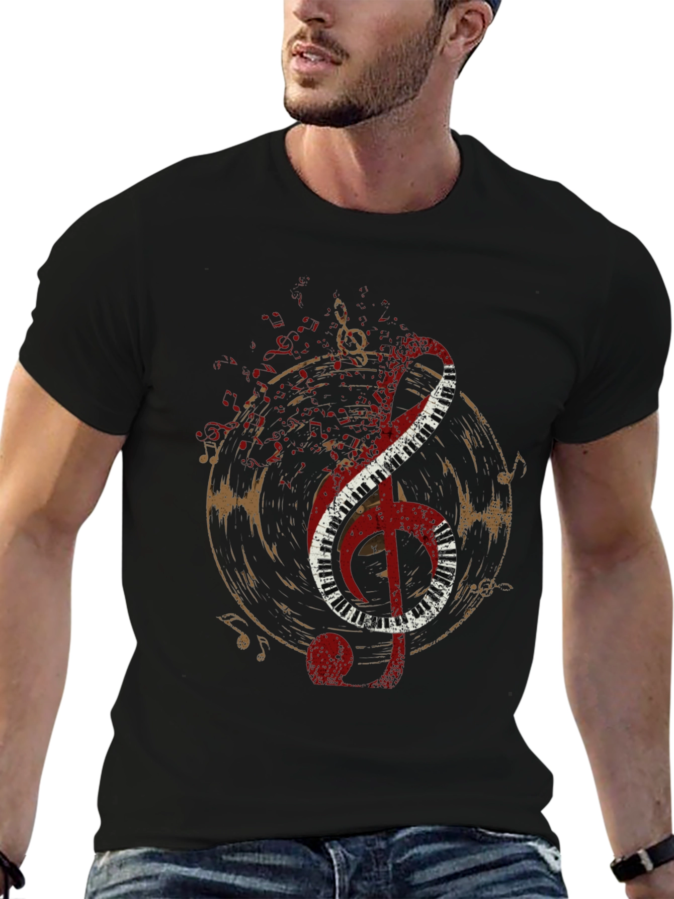 Musical Note T-Shirt - Black Tee with Piano Design