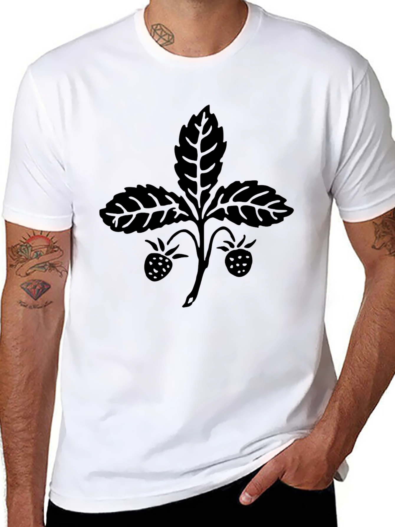 Stylish Black T-Shirt with Strawberry Plant Design