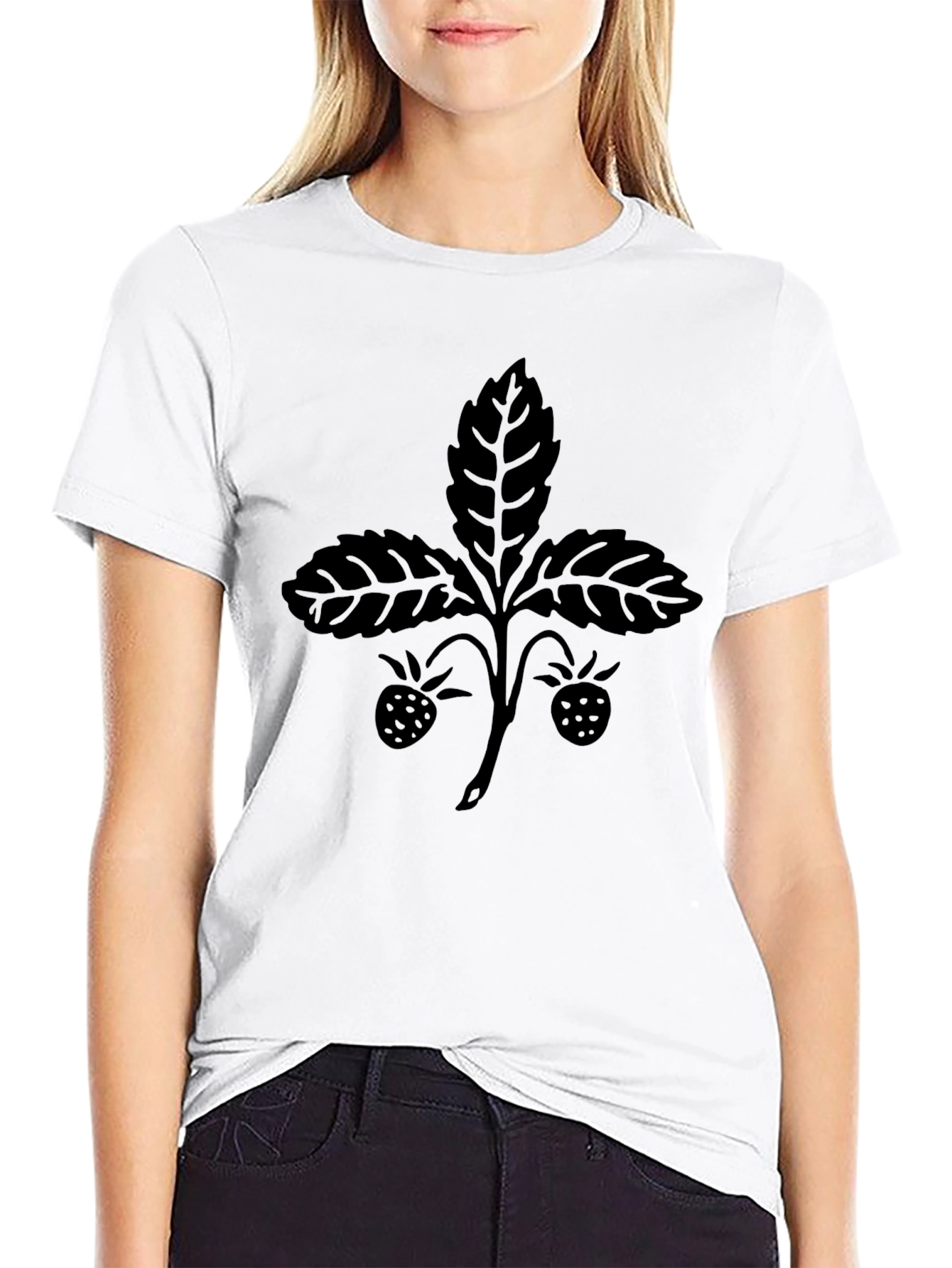 Stylish Black T-Shirt with Strawberry Plant Design