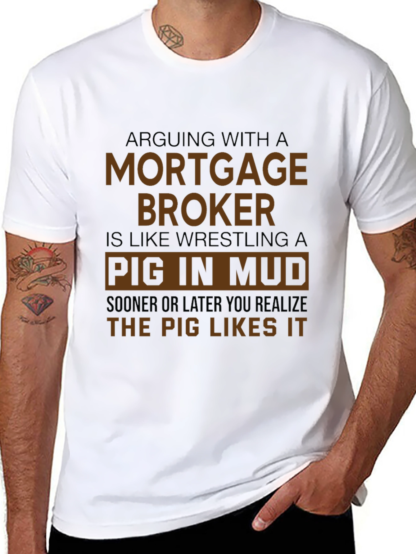 Mortgage Broker Pig in Mud Black T-Shirt