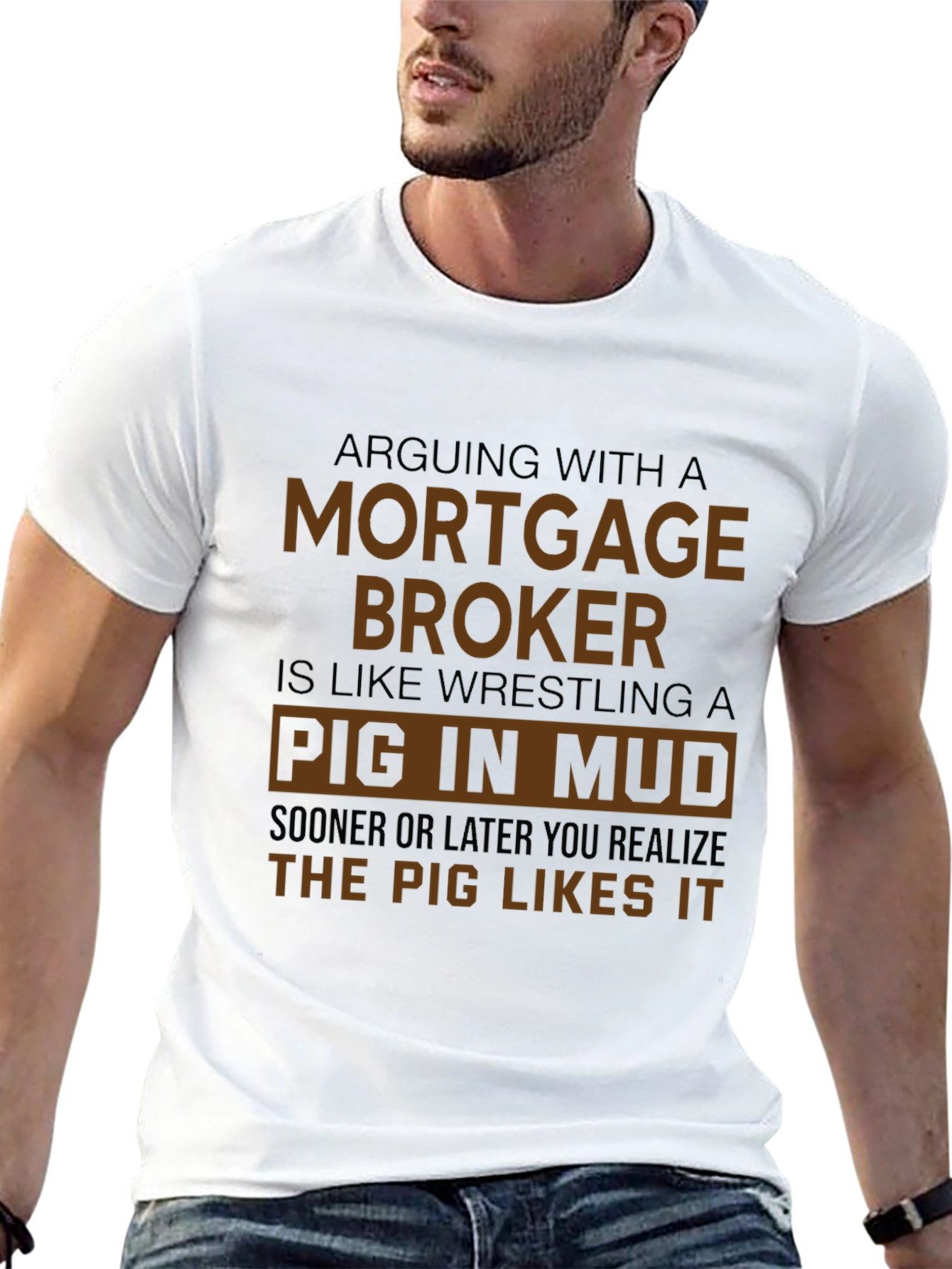 Mortgage Broker Pig in Mud Black T-Shirt