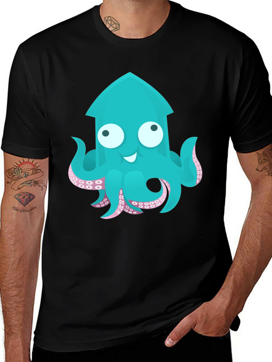 Cute Cartoon Squid Graphic T-Shirt - Black