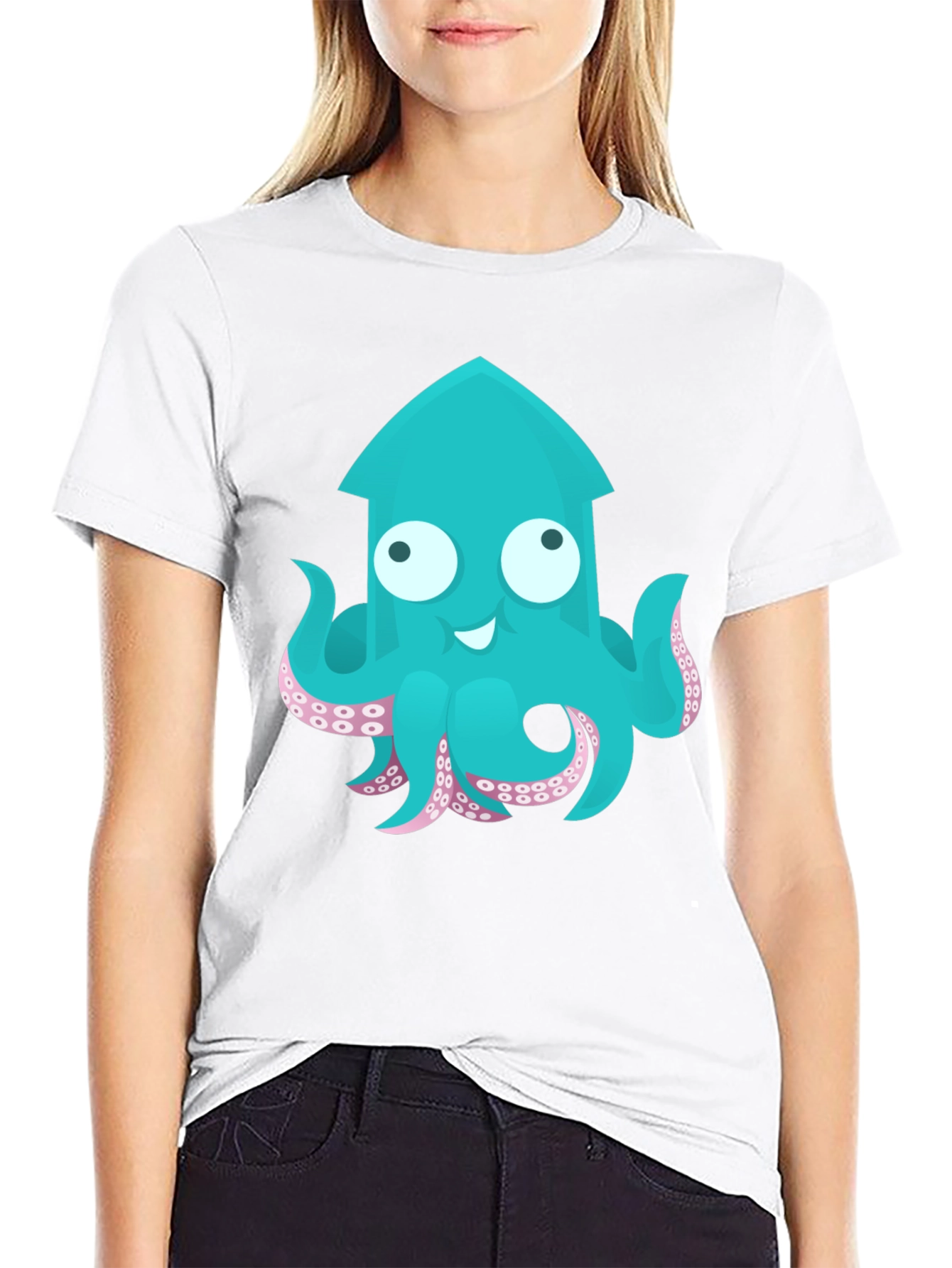 Cute Cartoon Squid Graphic T-Shirt - Black