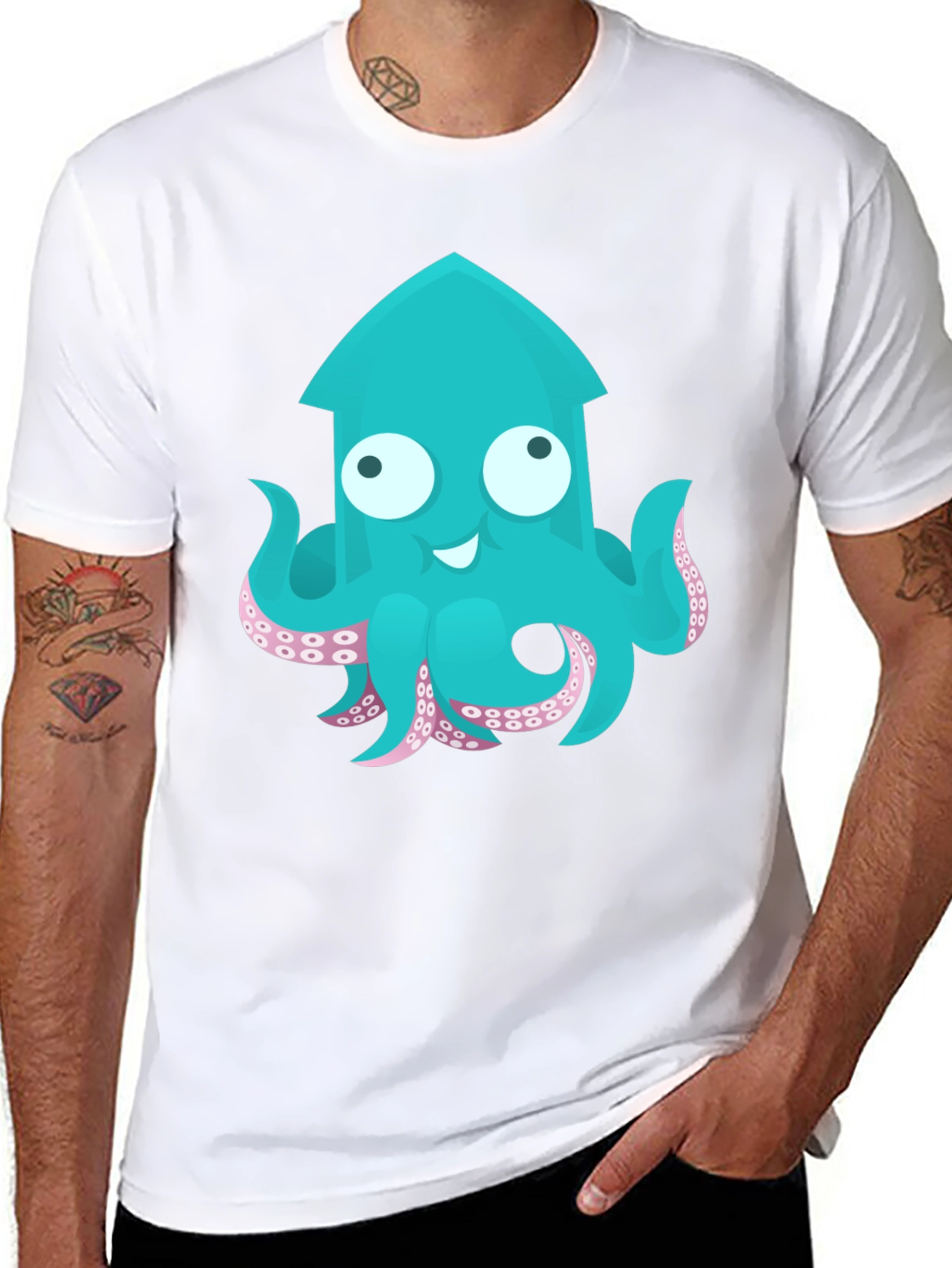 Cute Cartoon Squid Graphic T-Shirt - Black