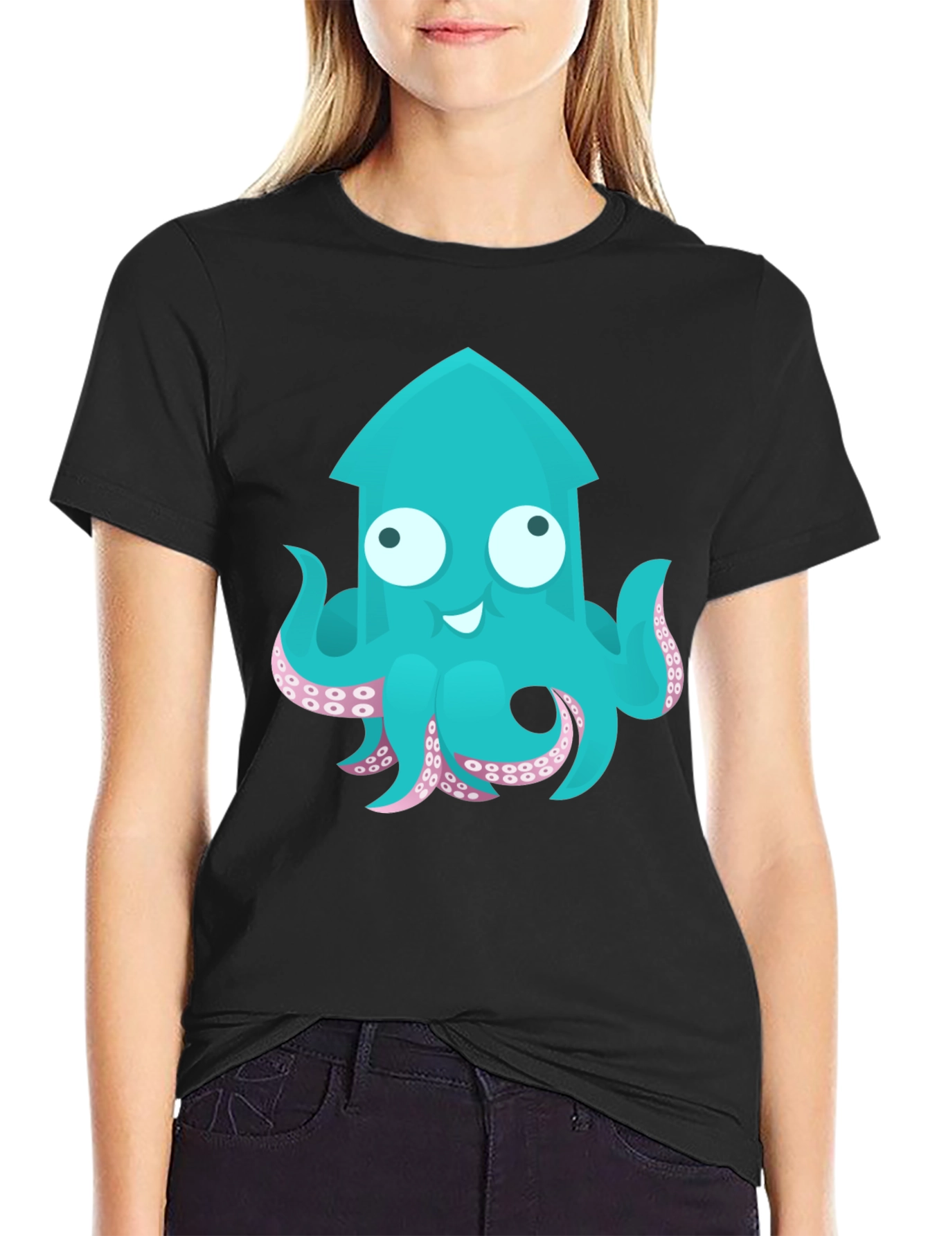 Cute Cartoon Squid Graphic T-Shirt - Black