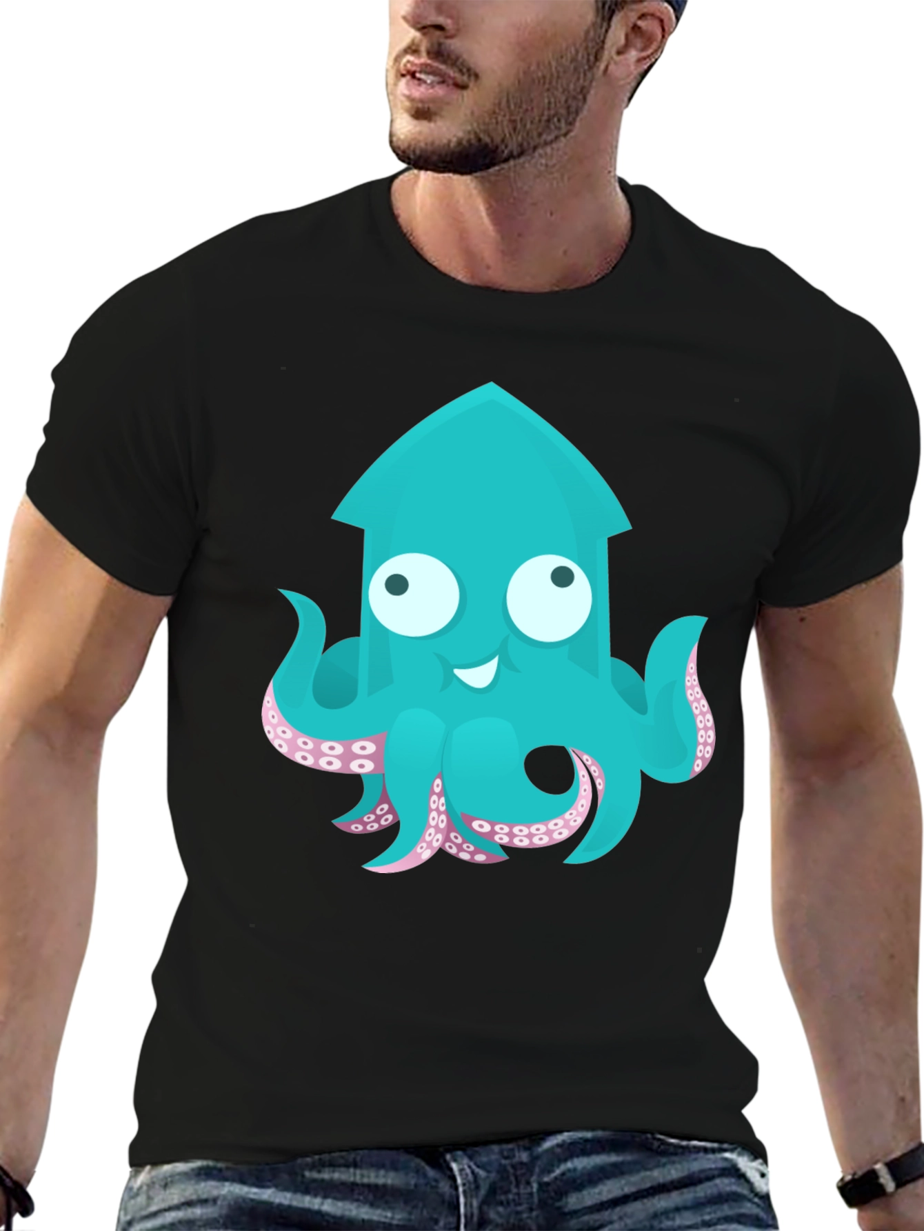 Cute Cartoon Squid Graphic T-Shirt - Black